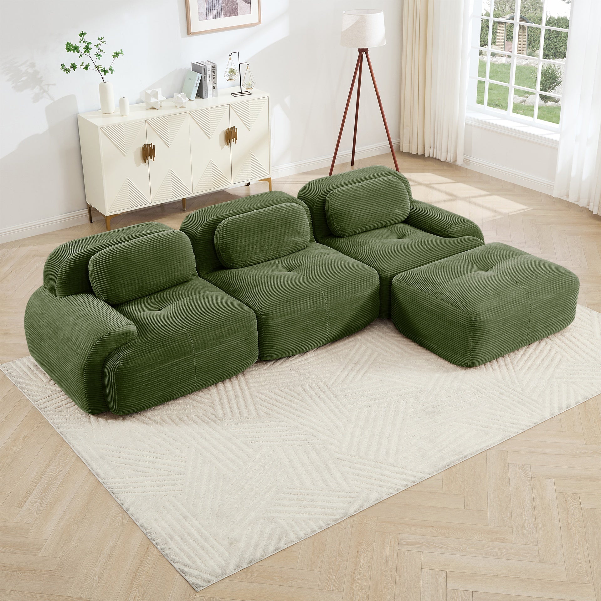 L-shaped modular sofa no assembly ergonomic design pet-friendly luxuryCorduroy Fabric fabric extra-wide curved armrests 32D high-resilience sponge for living rooms bedroom ,Olive green