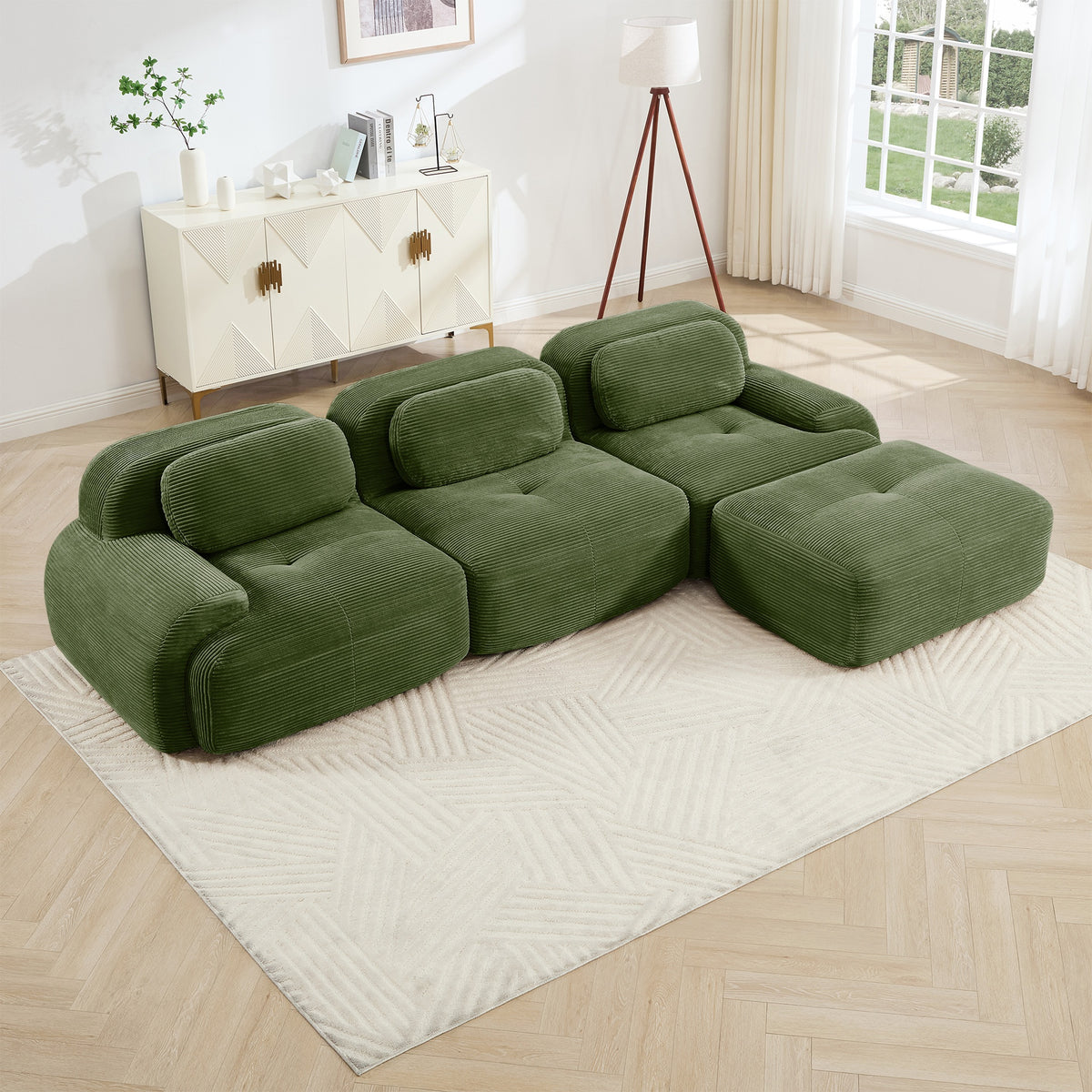 L-shaped modular sofa no assembly ergonomic design pet-friendly luxuryCorduroy Fabric fabric extra-wide curved armrests 32D high-resilience sponge for living rooms bedroom ,Olive green