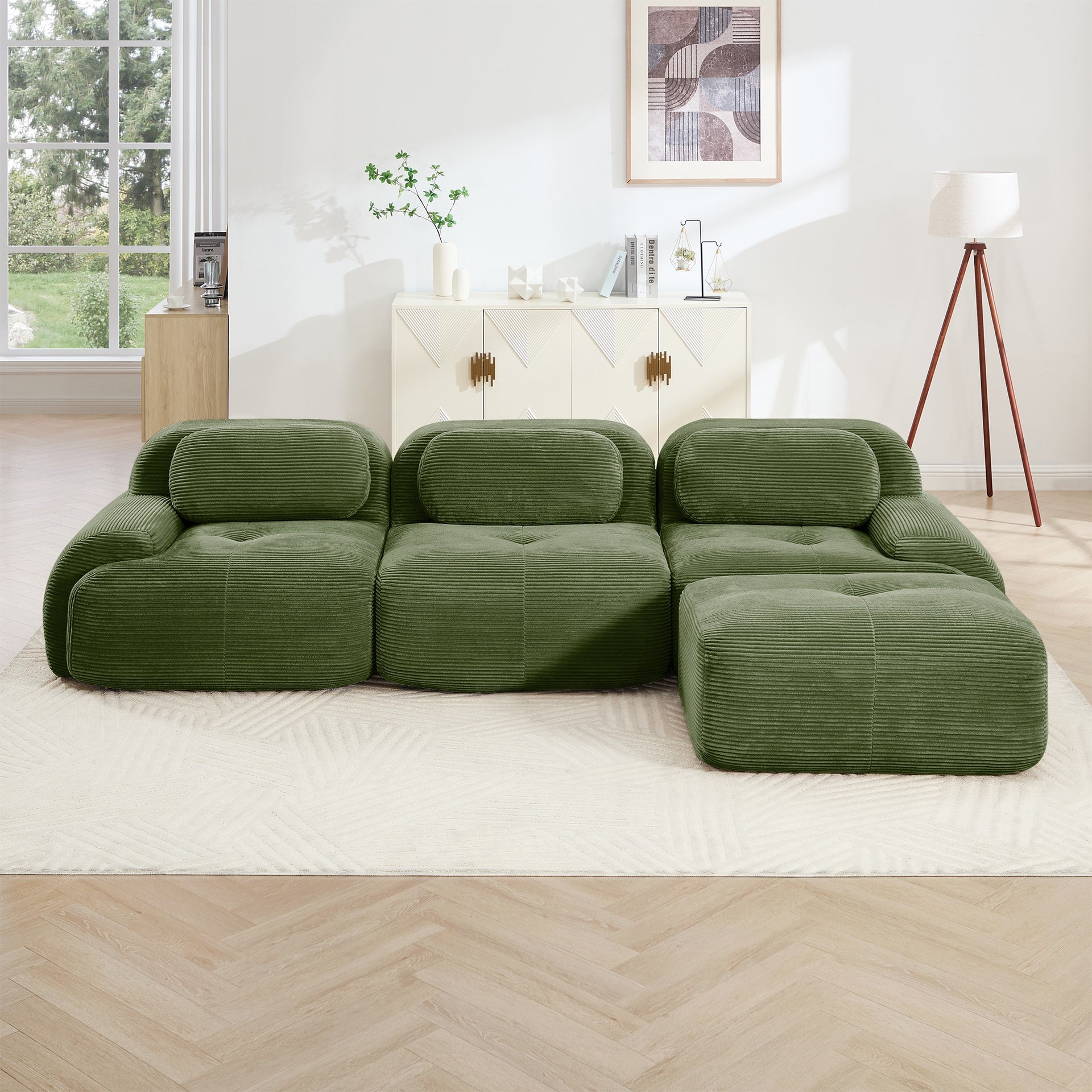 L-shaped modular sofa no assembly ergonomic design pet-friendly luxuryCorduroy Fabric fabric extra-wide curved armrests 32D high-resilience sponge for living rooms bedroom ,Olive green