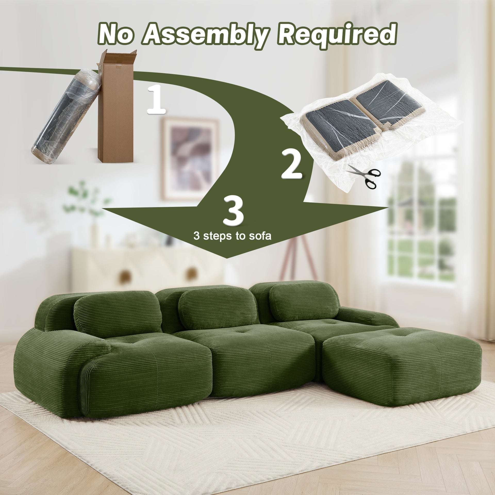 L-shaped modular sofa no assembly ergonomic design pet-friendly luxuryCorduroy Fabric fabric extra-wide curved armrests 32D high-resilience sponge for living rooms bedroom ,Olive green
