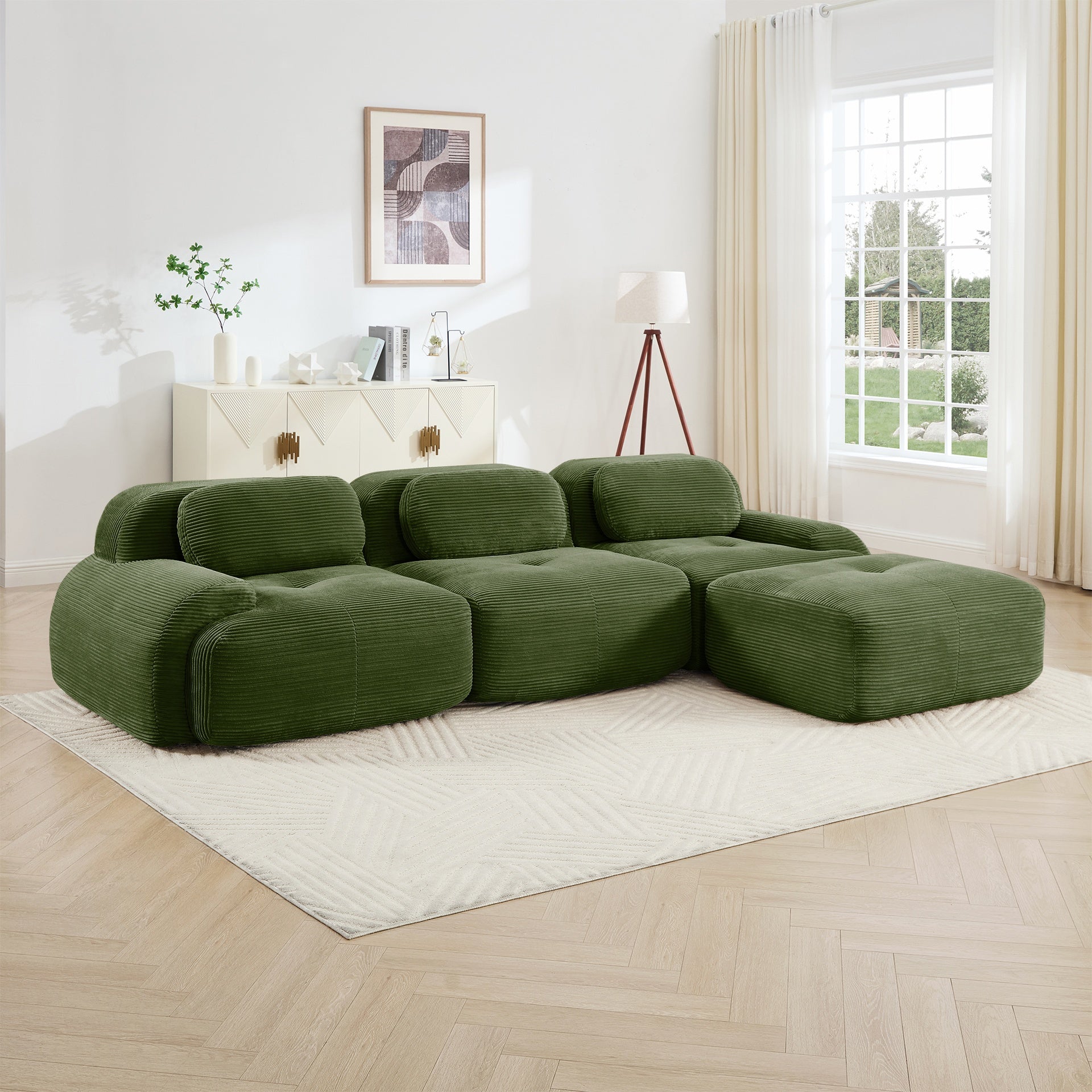 L-shaped modular sofa no assembly ergonomic design pet-friendly luxuryCorduroy Fabric fabric extra-wide curved armrests 32D high-resilience sponge for living rooms bedroom ,Olive green