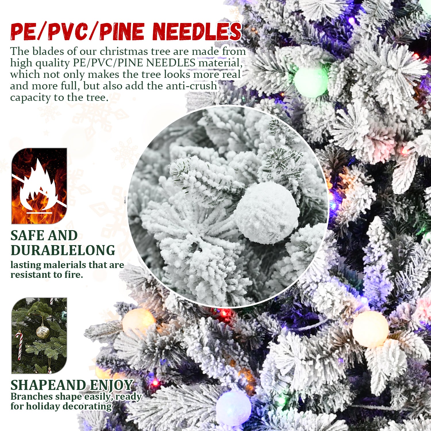 7.5ft Flocked Christmas Tree with 400L Colorful LED Lights  with G45 ball, Realistic PE+PVC+Hard Needle Hinged Tree with Memory Wire, 10 Lighting Modes, Foot Switch & Stable Metal Stand