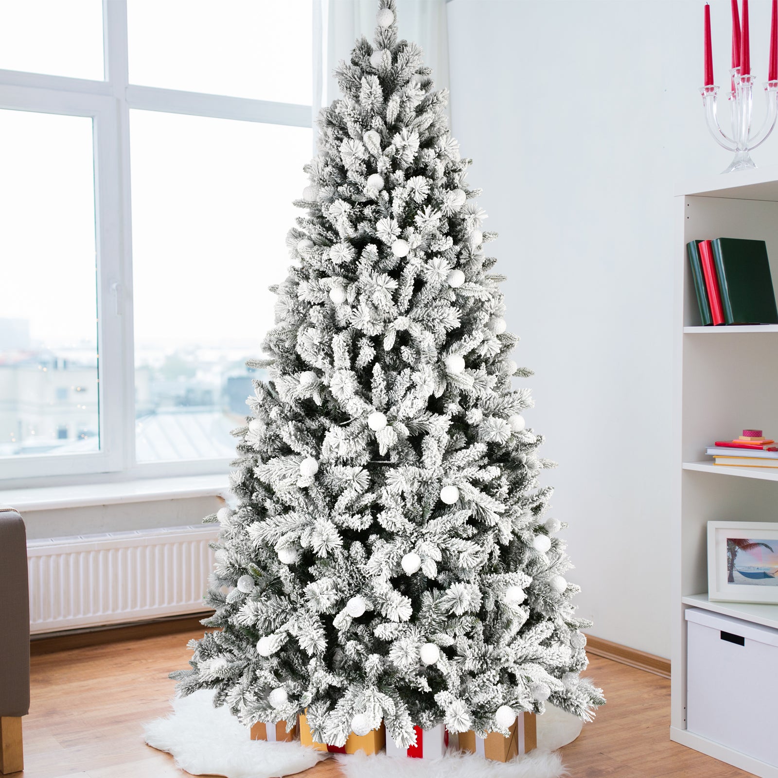 7.5ft Flocked Christmas Tree with 400L Colorful LED Lights  with G45 ball, Realistic PE+PVC+Hard Needle Hinged Tree with Memory Wire, 10 Lighting Modes, Foot Switch & Stable Metal Stand