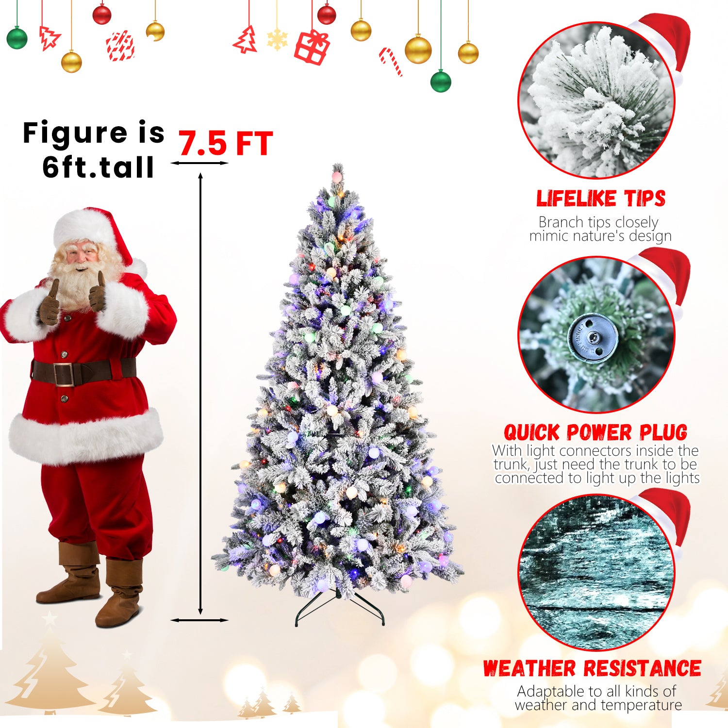 7.5ft Flocked Christmas Tree with 400L Colorful LED Lights  with G45 ball, Realistic PE+PVC+Hard Needle Hinged Tree with Memory Wire, 10 Lighting Modes, Foot Switch & Stable Metal Stand
