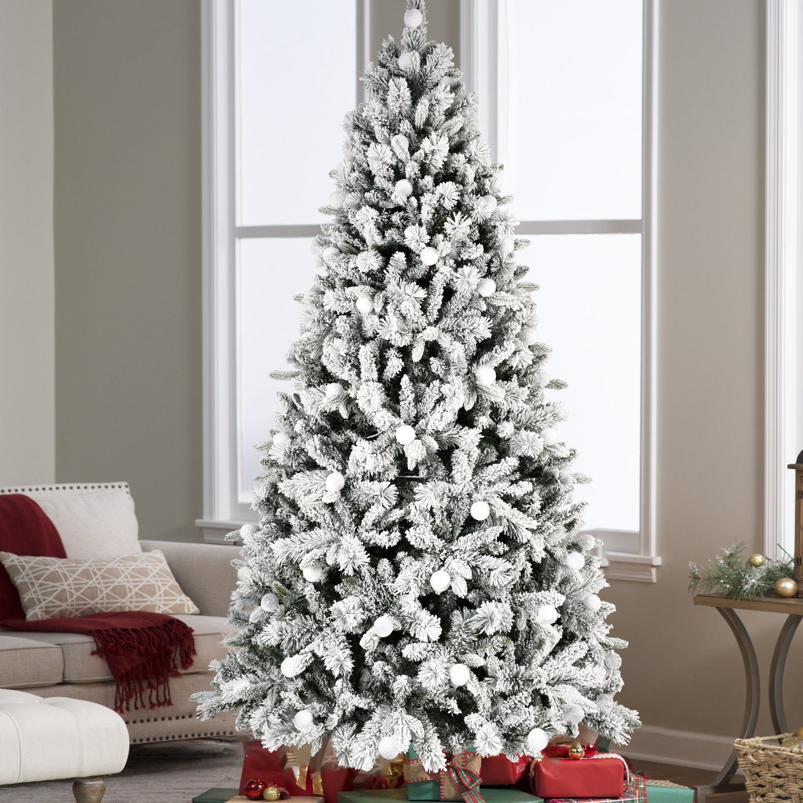 7.5ft Flocked Christmas Tree with 400L Colorful LED Lights  with G45 ball, Realistic PE+PVC+Hard Needle Hinged Tree with Memory Wire, 10 Lighting Modes, Foot Switch & Stable Metal Stand