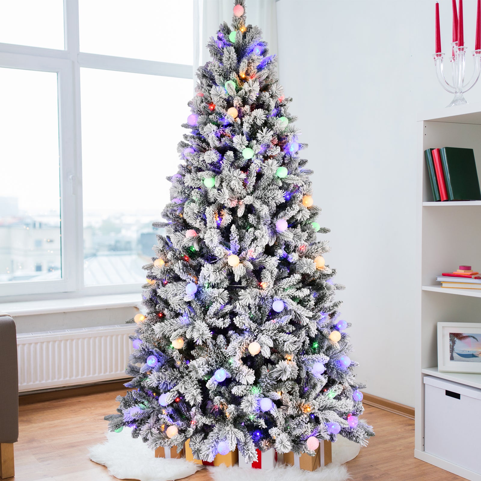 7.5ft Flocked Christmas Tree with 400L Colorful LED Lights  with G45 ball, Realistic PE+PVC+Hard Needle Hinged Tree with Memory Wire, 10 Lighting Modes, Foot Switch & Stable Metal Stand