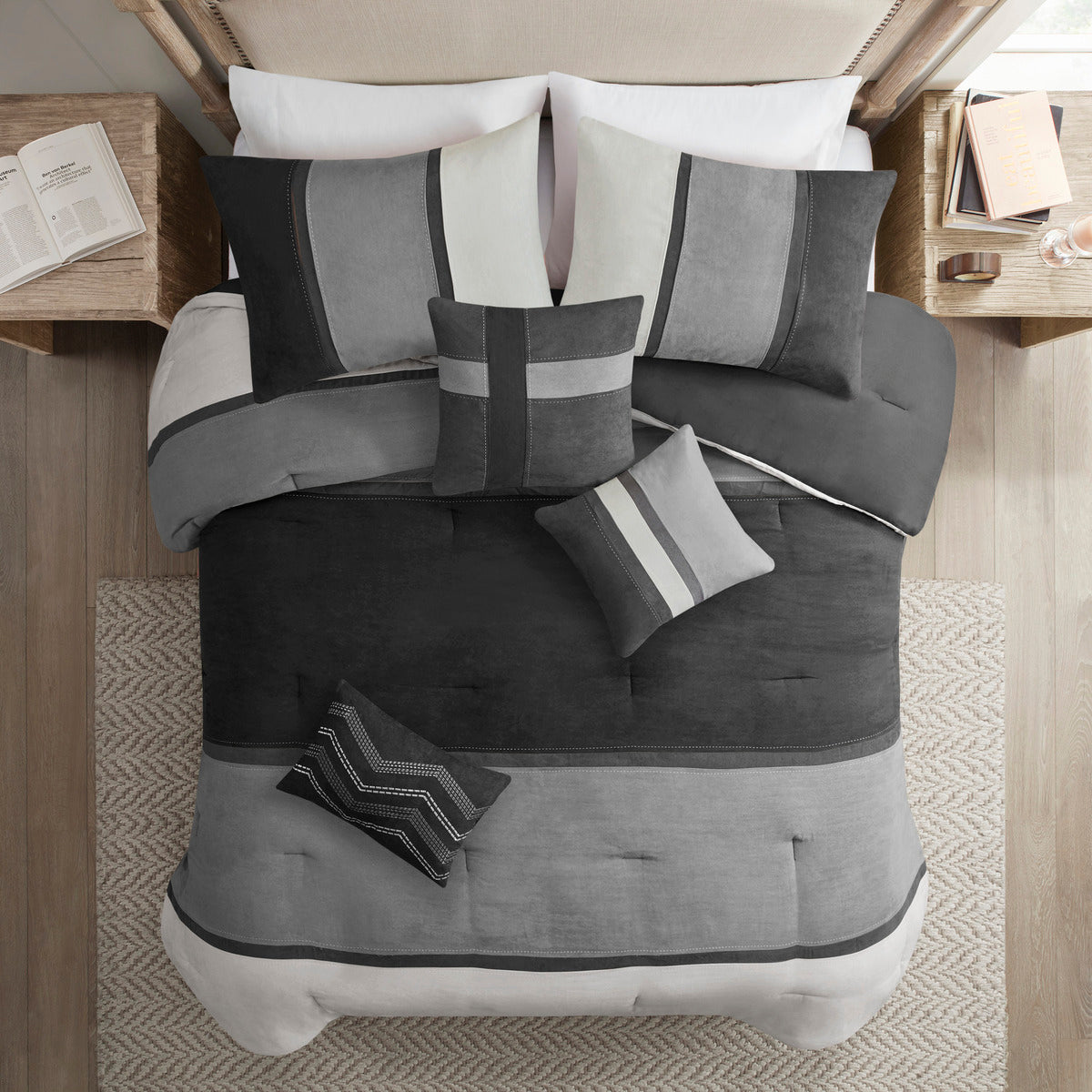 7 Piece Faux Suede Comforter Set Black Cal King