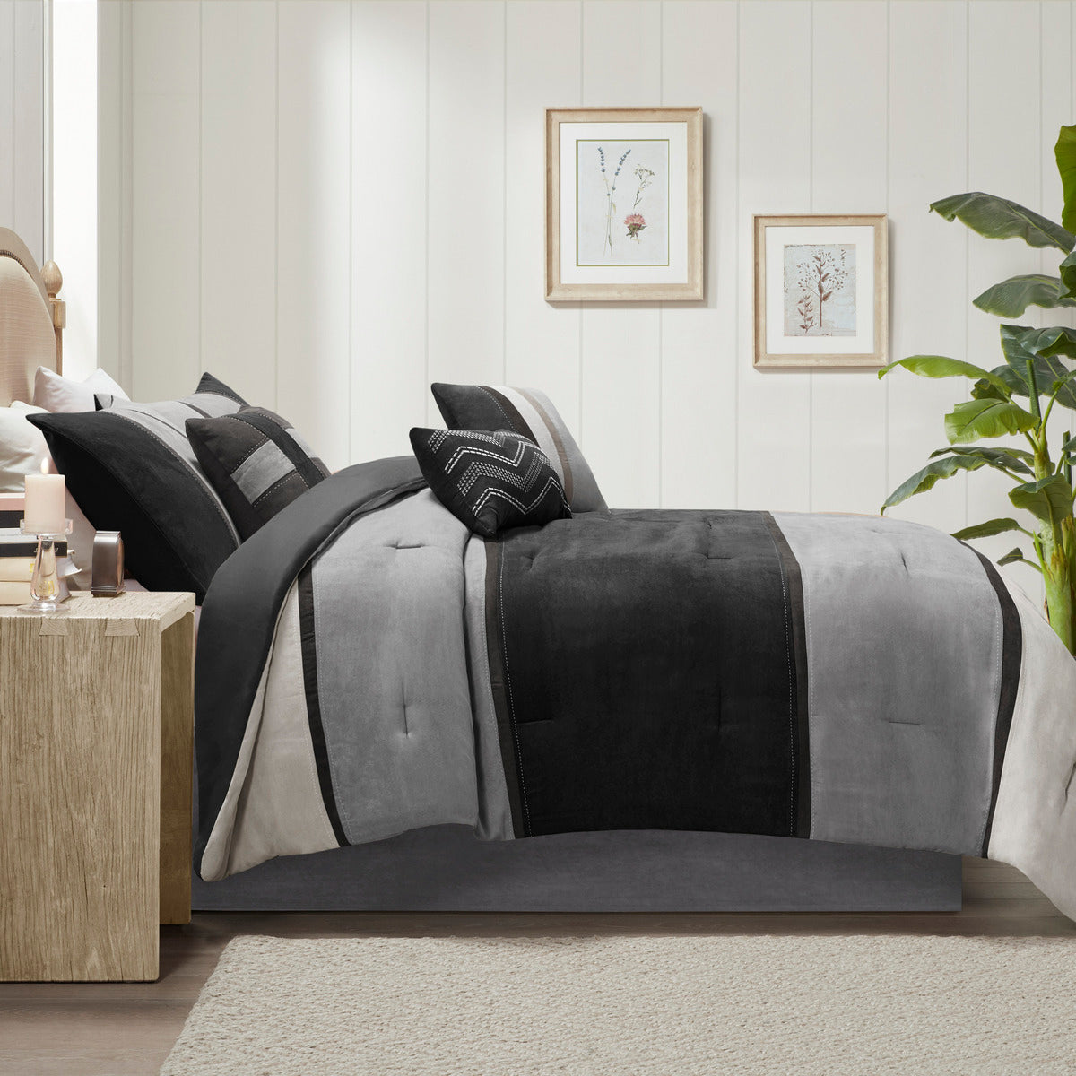 7 Piece Faux Suede Comforter Set Black Cal King