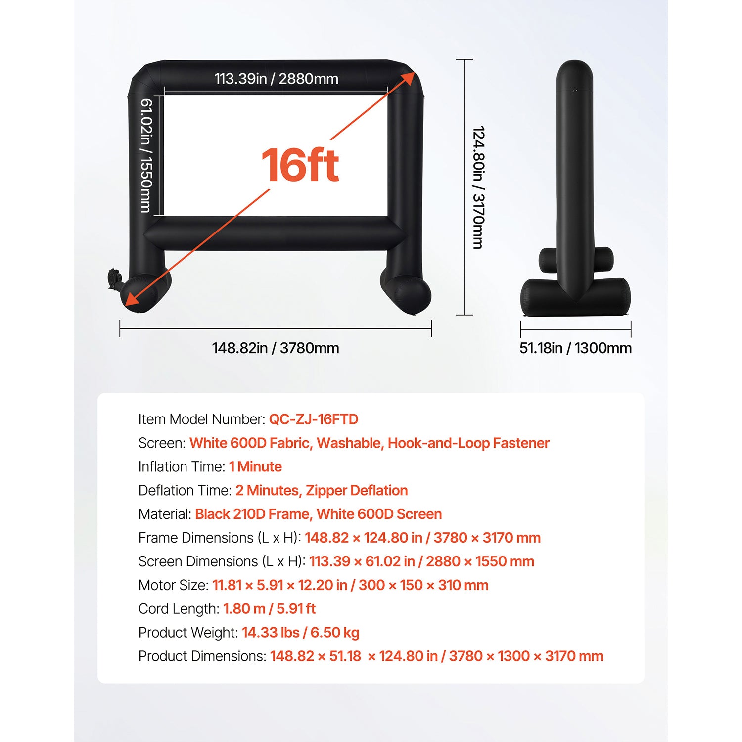 16FT Inflatable Movie Screen, Inflatable Projector Screen with Portable Storage Bag, 16:9 Easy Set Up Movie Projection for Outdoor Backyard, Home Theater, Theme Party