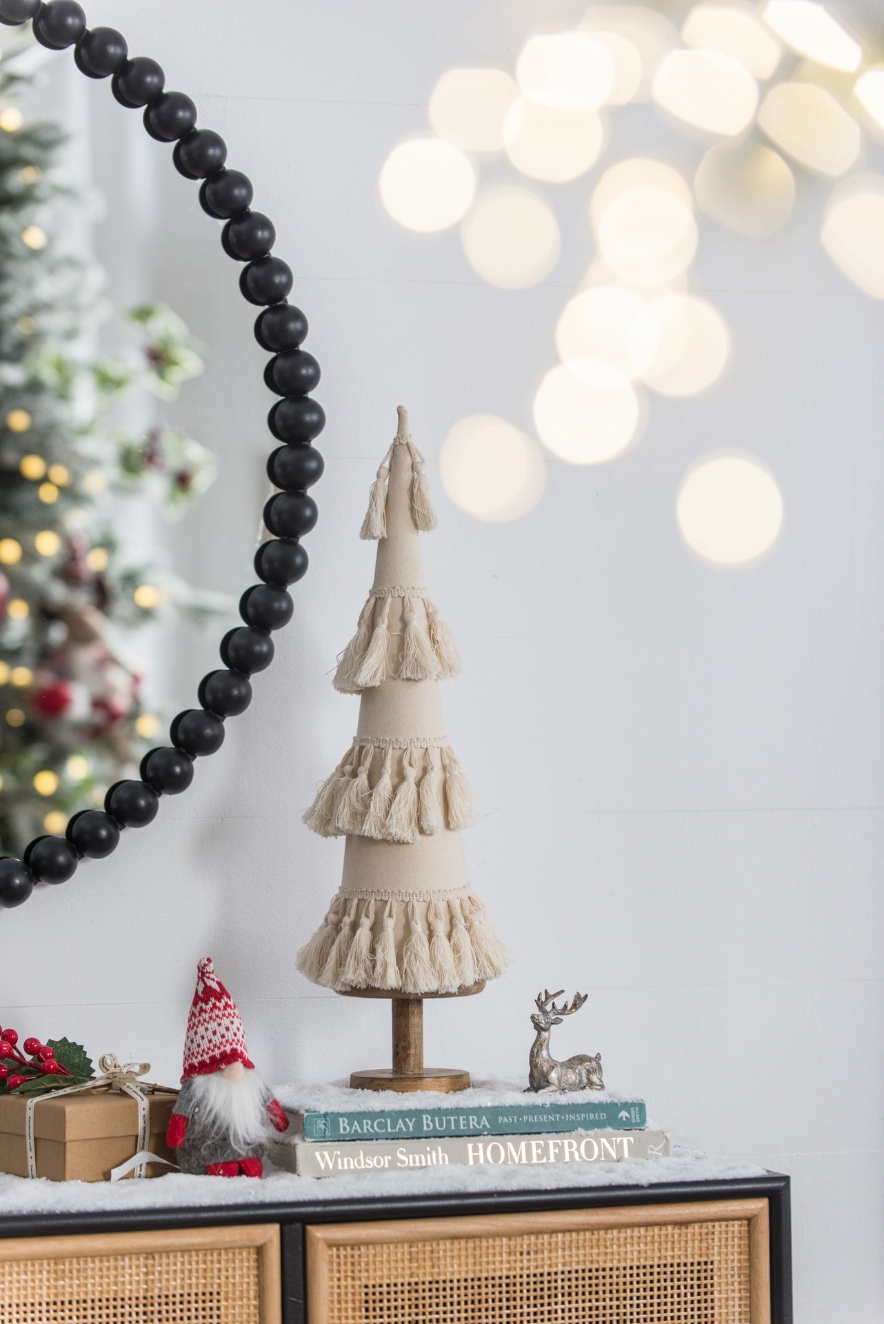 D5.3x22" Fringes Embellished Cone With Wooden Base