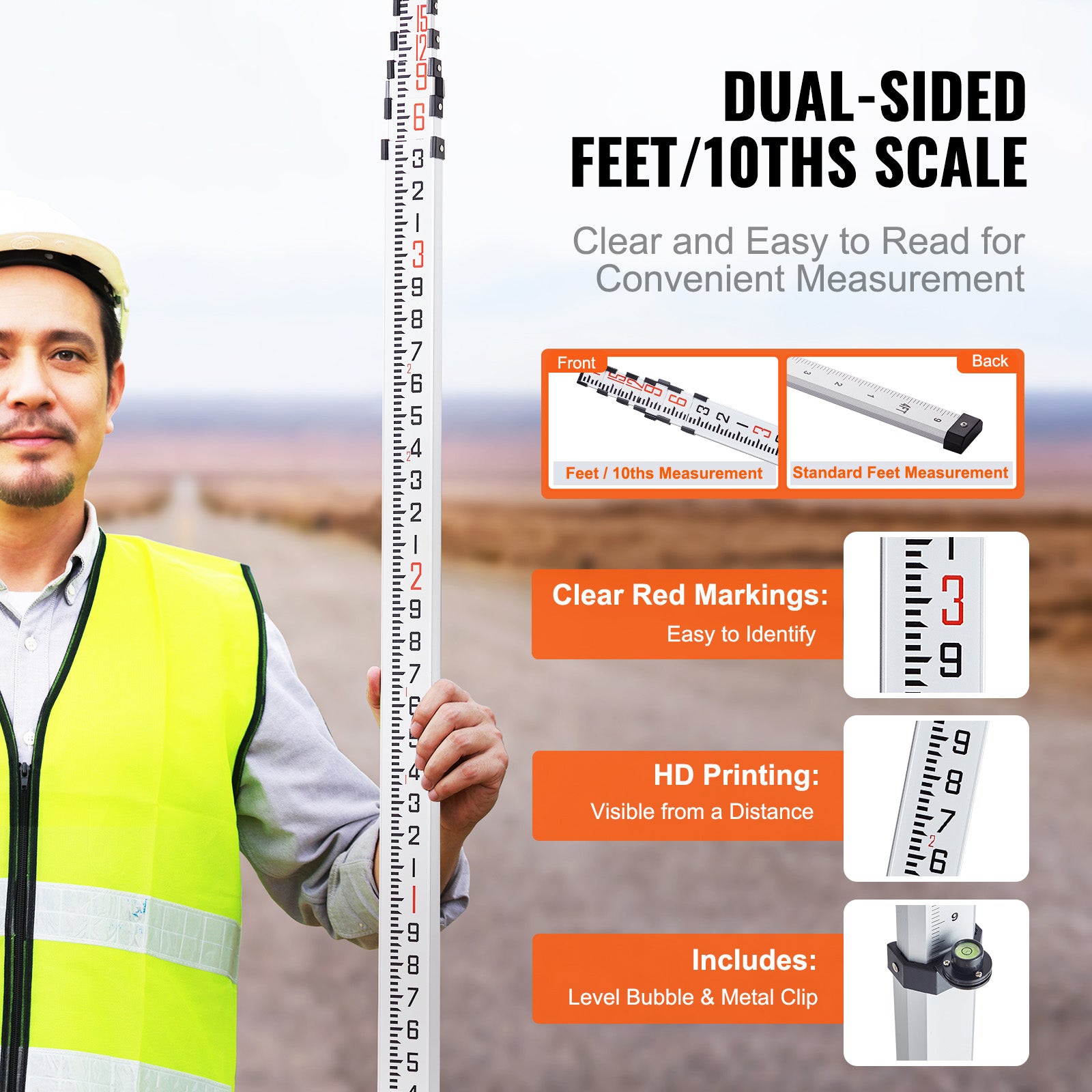Measuring Rod 18-Feet/10ths 6 Sections Telescopic Grade Rod 1/10ft w/ Bag