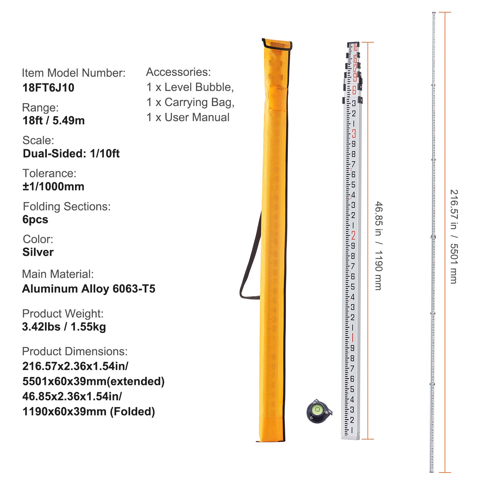 Measuring Rod 18-Feet/10ths 6 Sections Telescopic Grade Rod 1/10ft w/ Bag