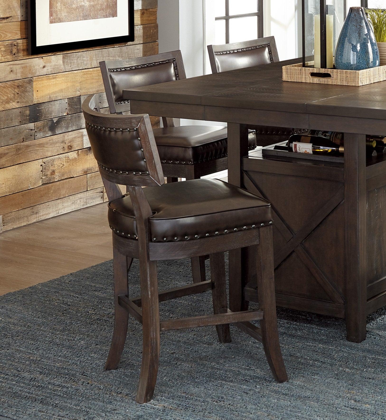 Rustic Aesthetic Dark Cherry Finish Counter Height Chair Set of 2 Wood Framed Nailhead Trim Faux Leather Upholstered Seat Kitchen Dining Room Furniture