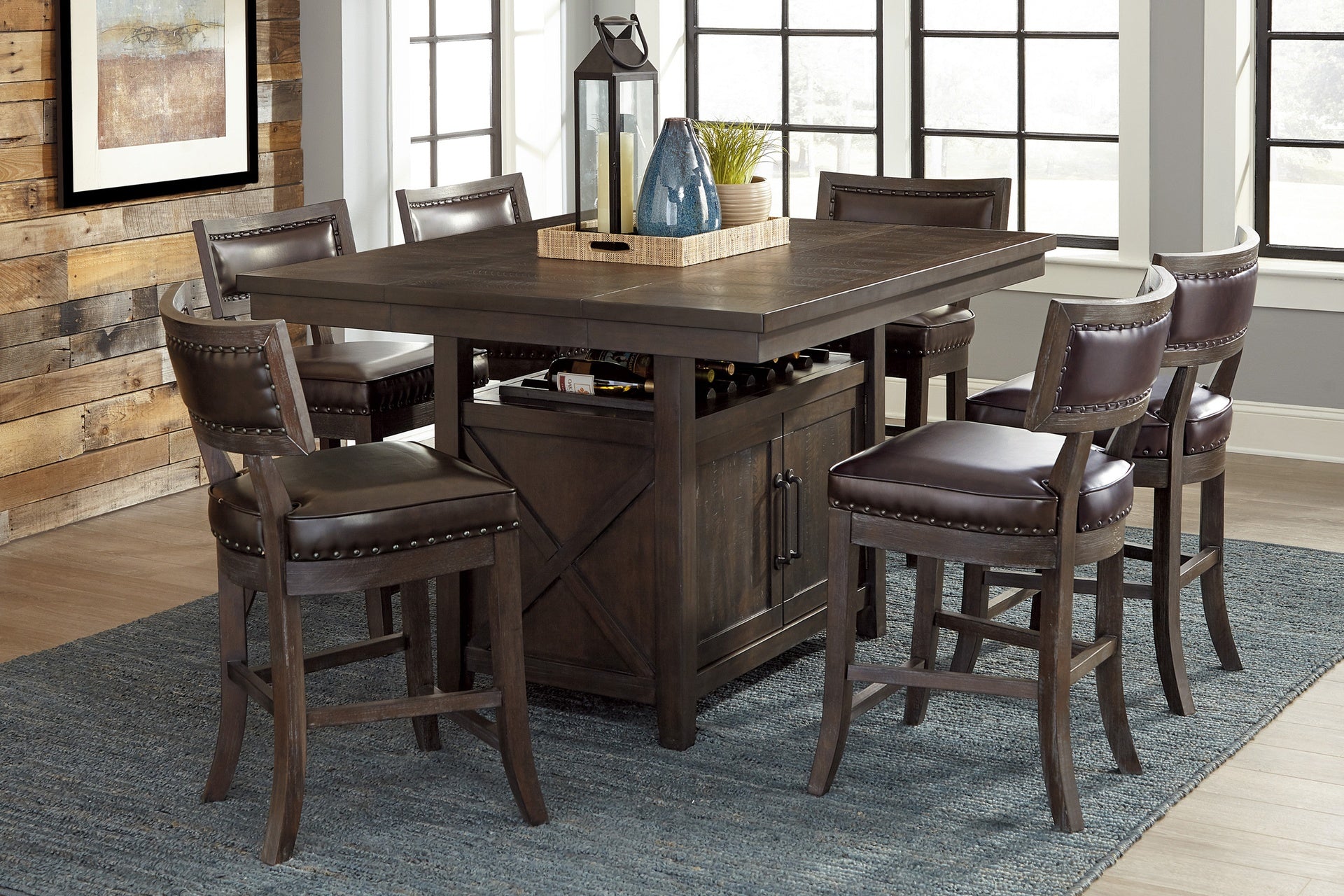Rustic Aesthetic Dark Cherry Finish Counter Height Chair Set of 2 Wood Framed Nailhead Trim Faux Leather Upholstered Seat Kitchen Dining Room Furniture