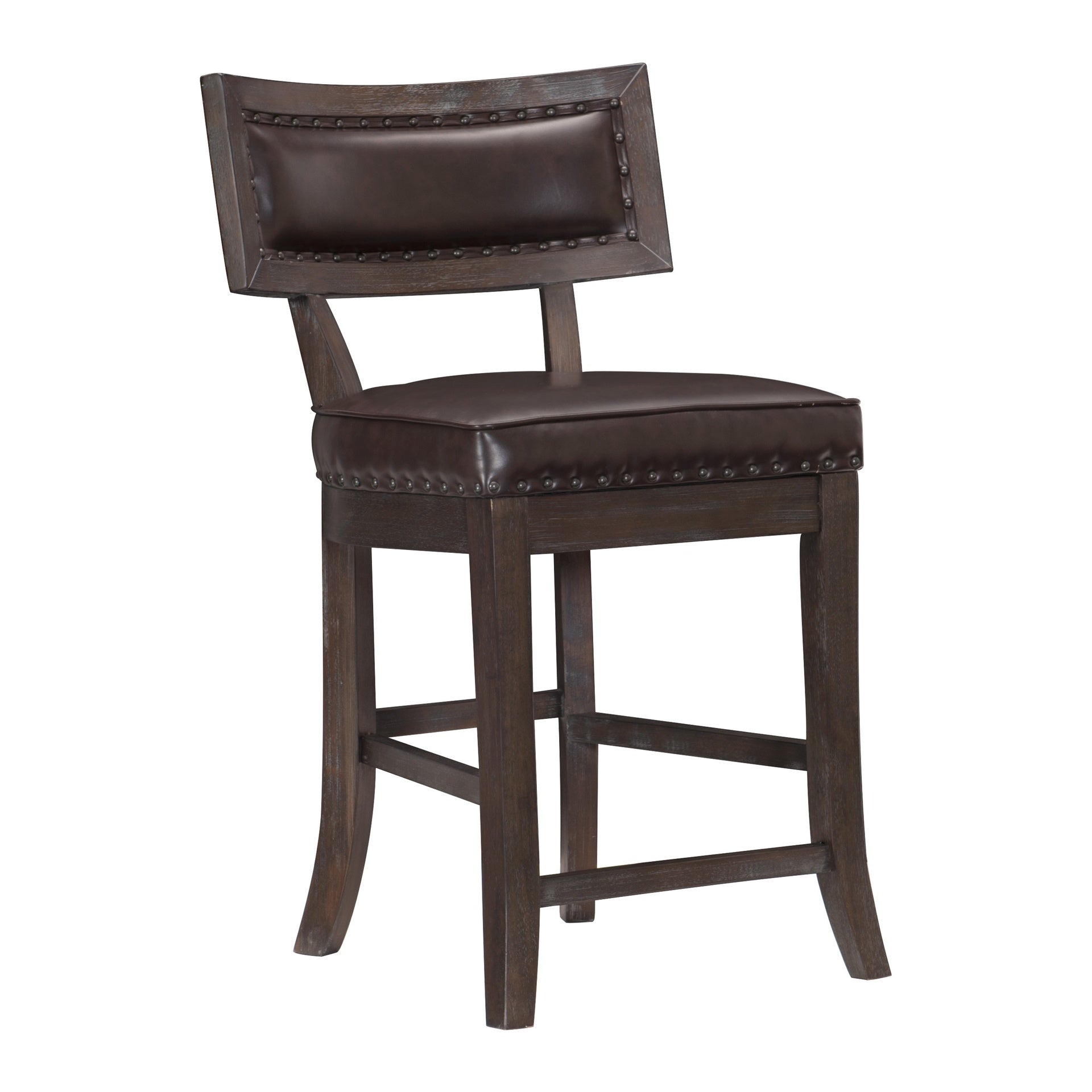 Rustic Aesthetic Dark Cherry Finish Counter Height Chair Set of 2 Wood Framed Nailhead Trim Faux Leather Upholstered Seat Kitchen Dining Room Furniture