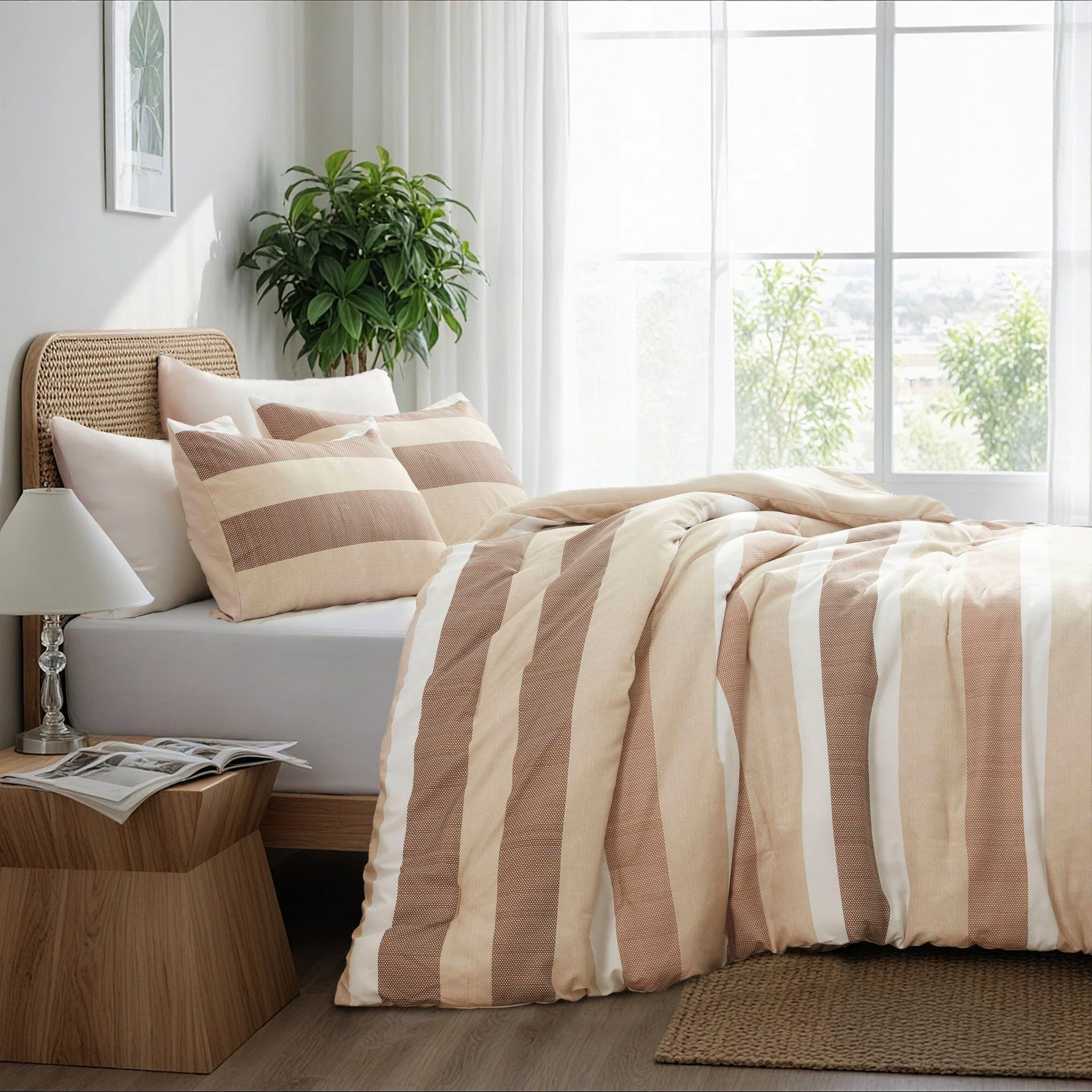 3-Piece King/Cal King Stripe Textured Print Comforter Set,Terracotta