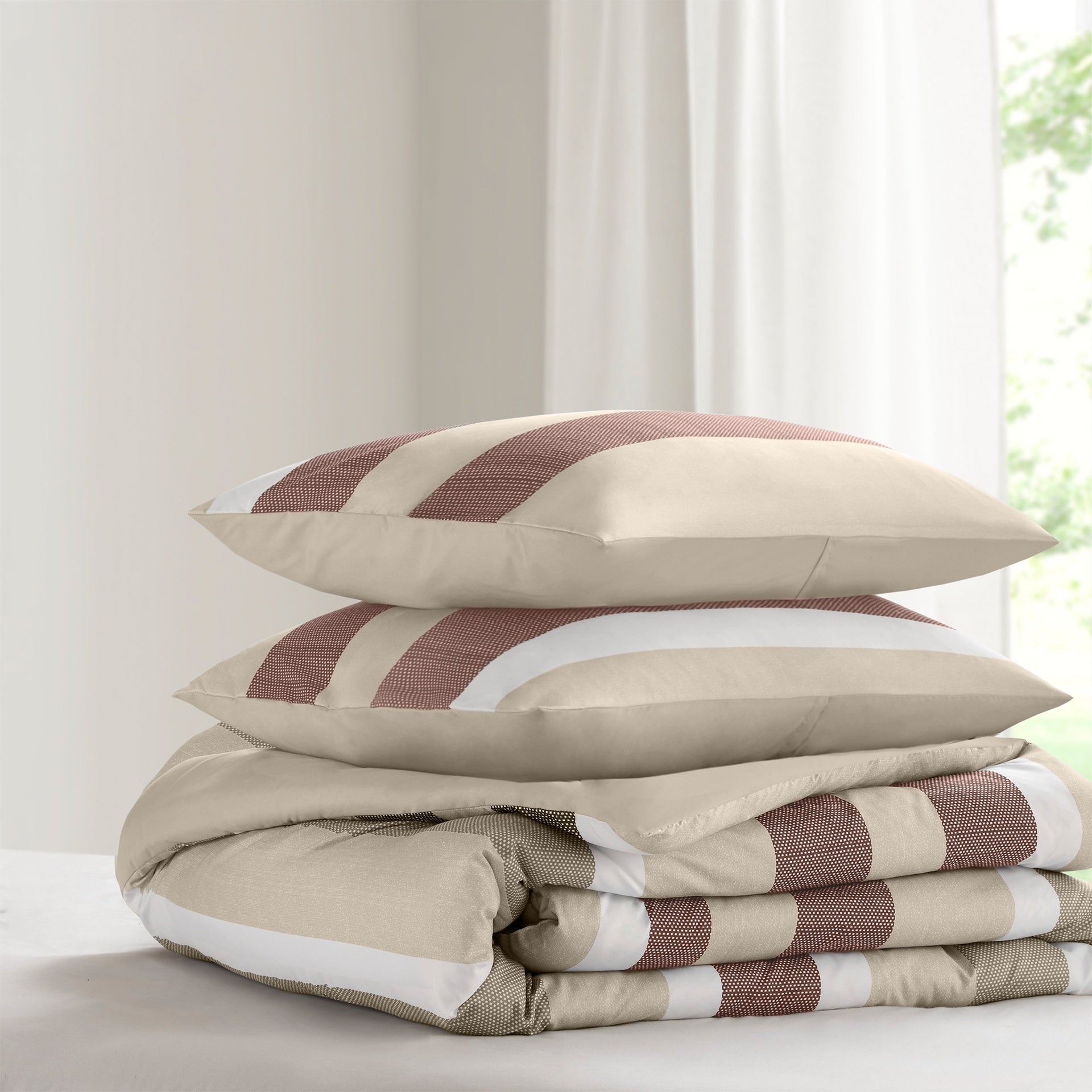 3-Piece King/Cal King Stripe Textured Print Comforter Set,Terracotta