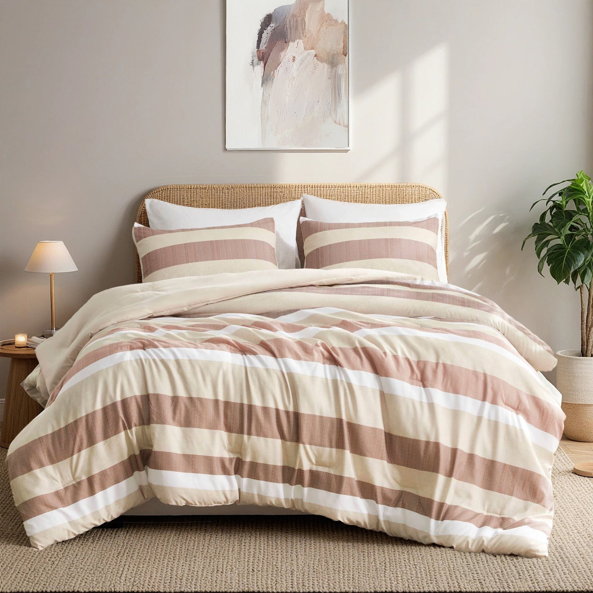 3-Piece King/Cal King Stripe Textured Print Comforter Set,Terracotta