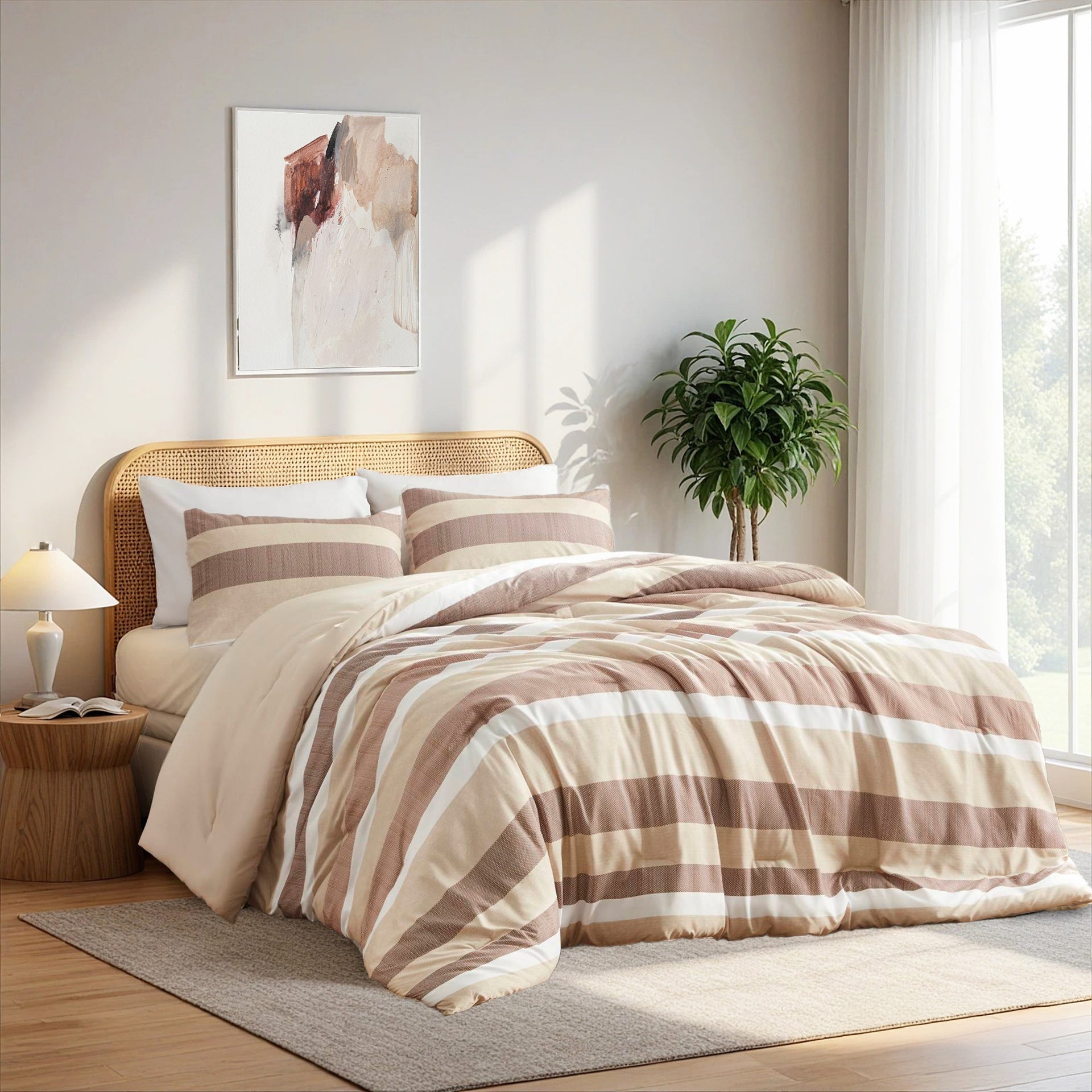 3-Piece King/Cal King Stripe Textured Print Comforter Set,Terracotta