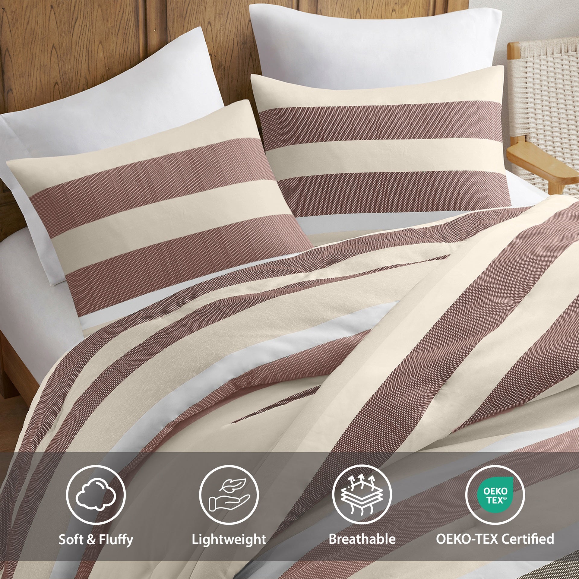 3-Piece King/Cal King Stripe Textured Print Comforter Set,Terracotta