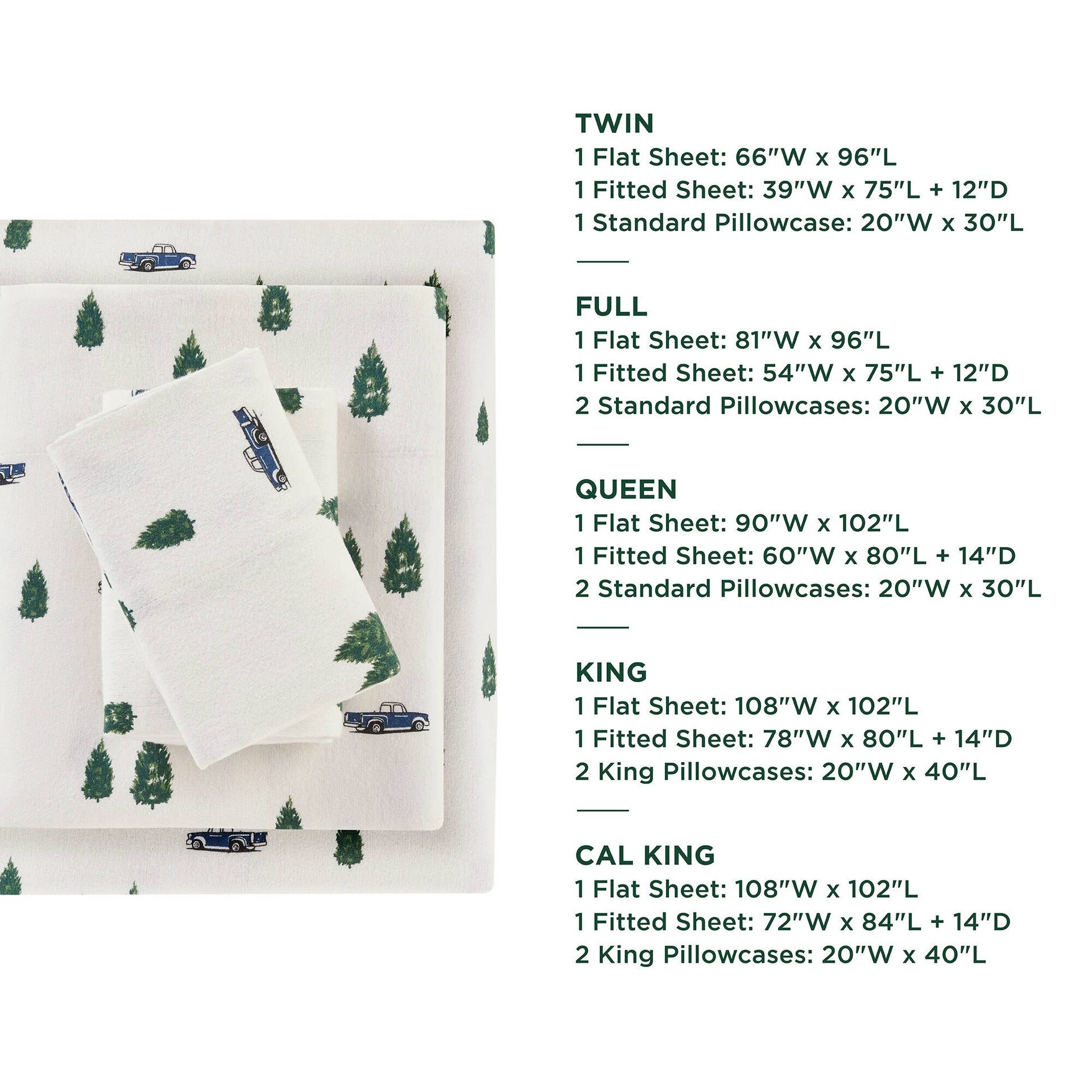 4 PCS Cal King Sheet Set Green Trees & Trucks