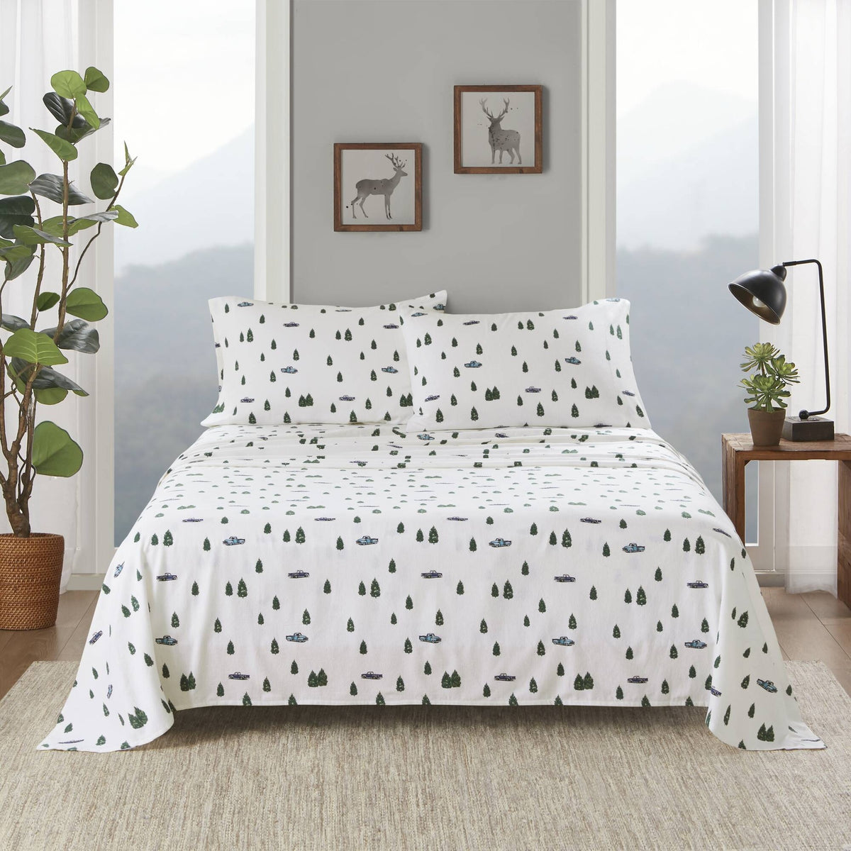 4 PCS Cal King Sheet Set Green Trees & Trucks