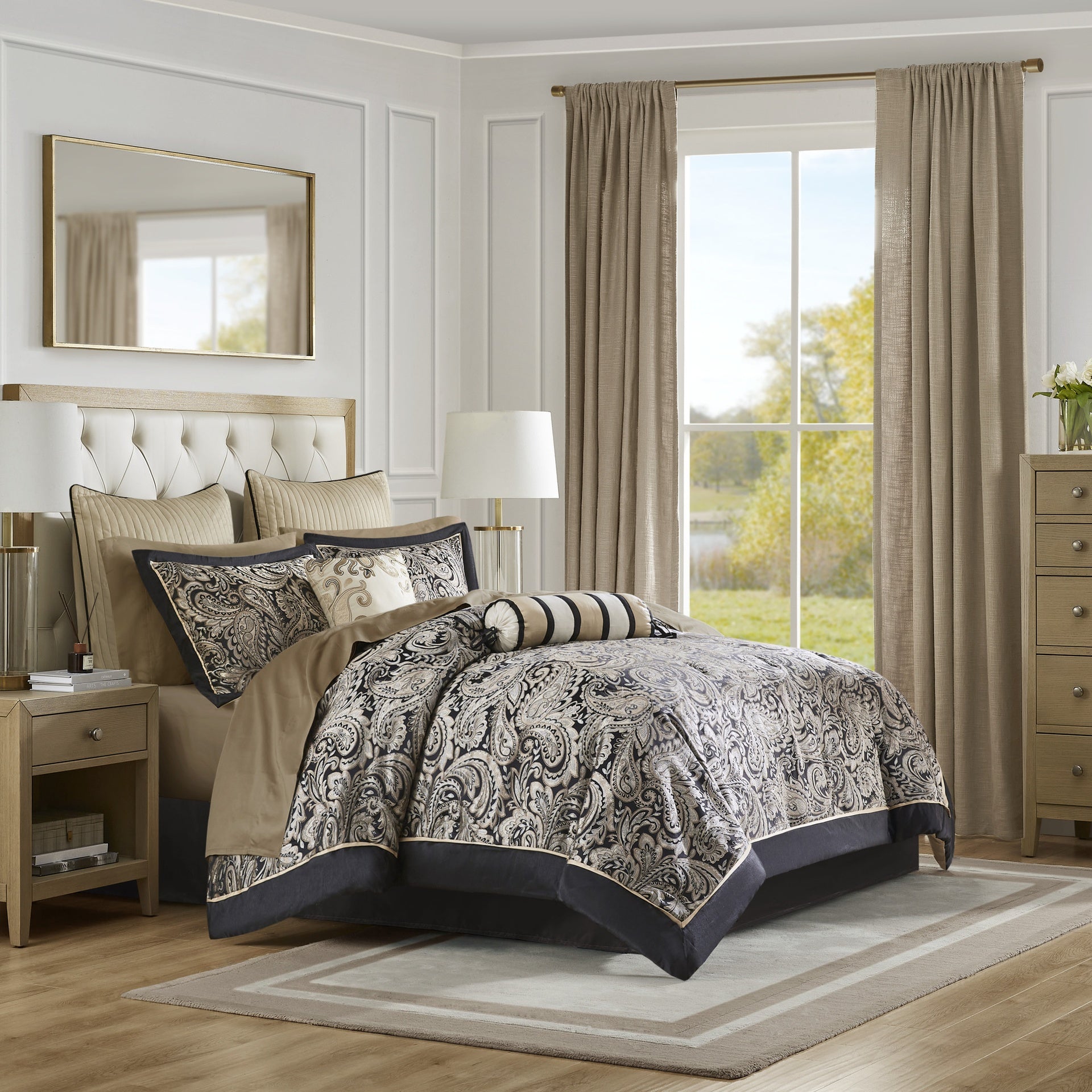 12 Piece Comforter Set with Cotton Bed Sheets Black Cal King