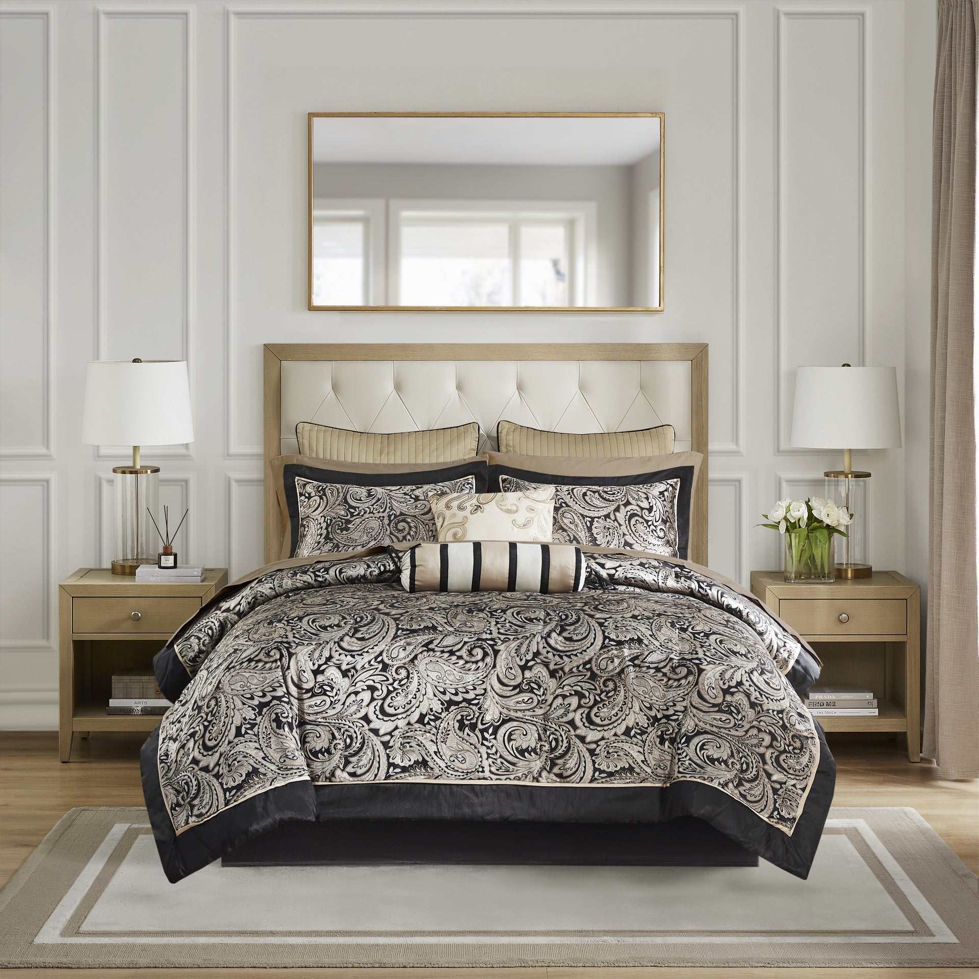12 Piece Comforter Set with Cotton Bed Sheets Black Cal King