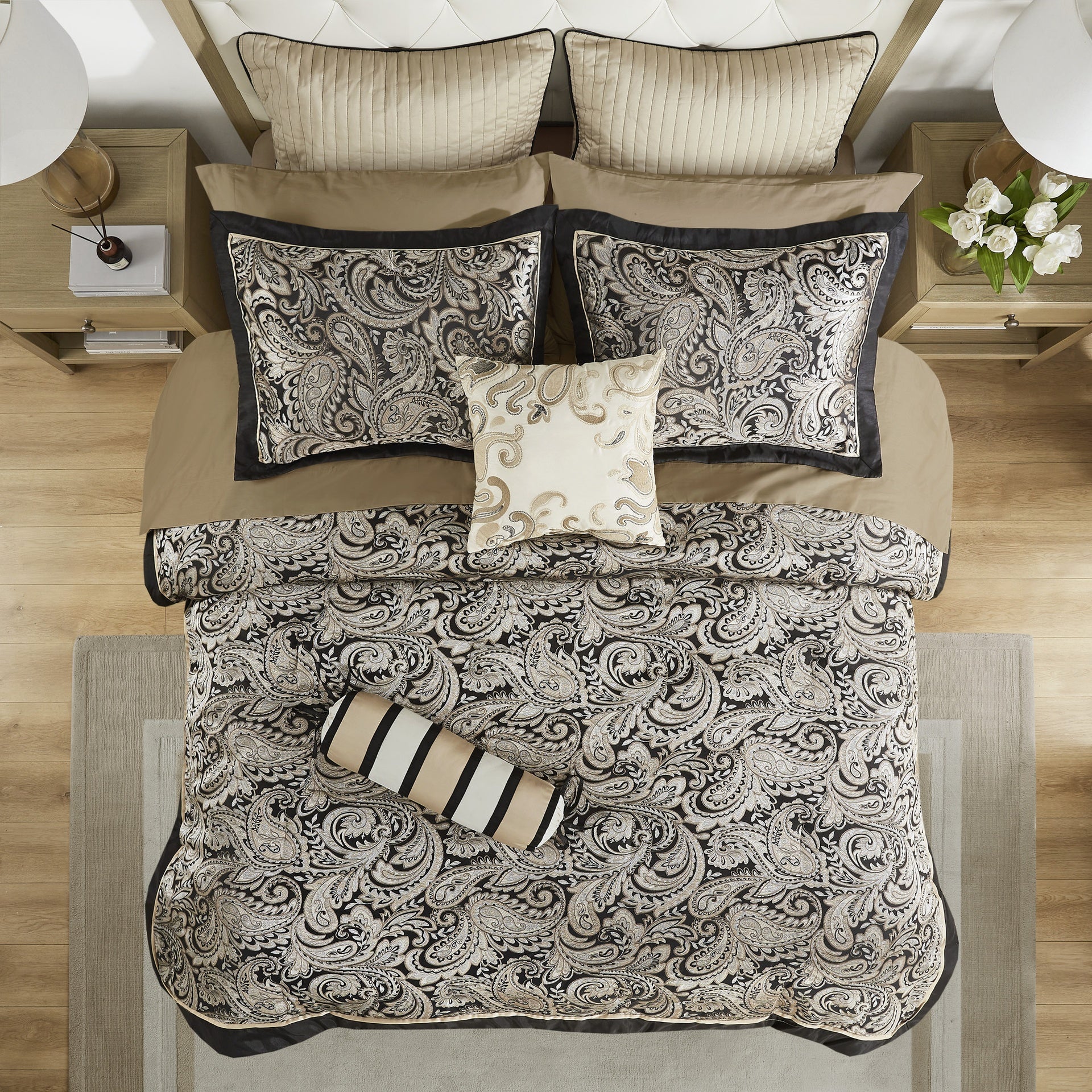 12 Piece Comforter Set with Cotton Bed Sheets Black Cal King