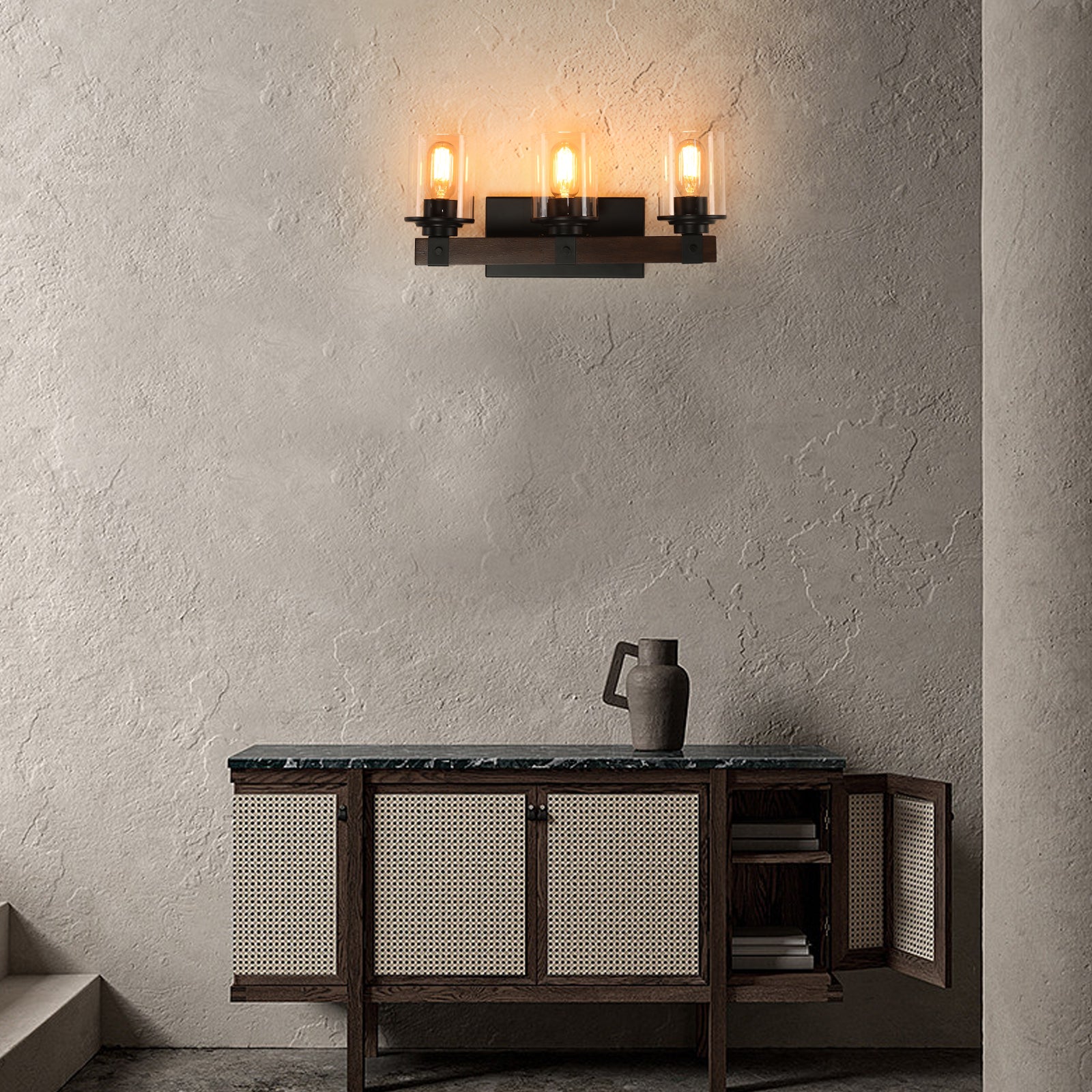 19" Rustic 3-Light Vanity Light, Industrial Bathroom Wall Sconce with Glass Shades and Wood Accent, Modern Farmhouse Lighting Fixture (No Bulbs)