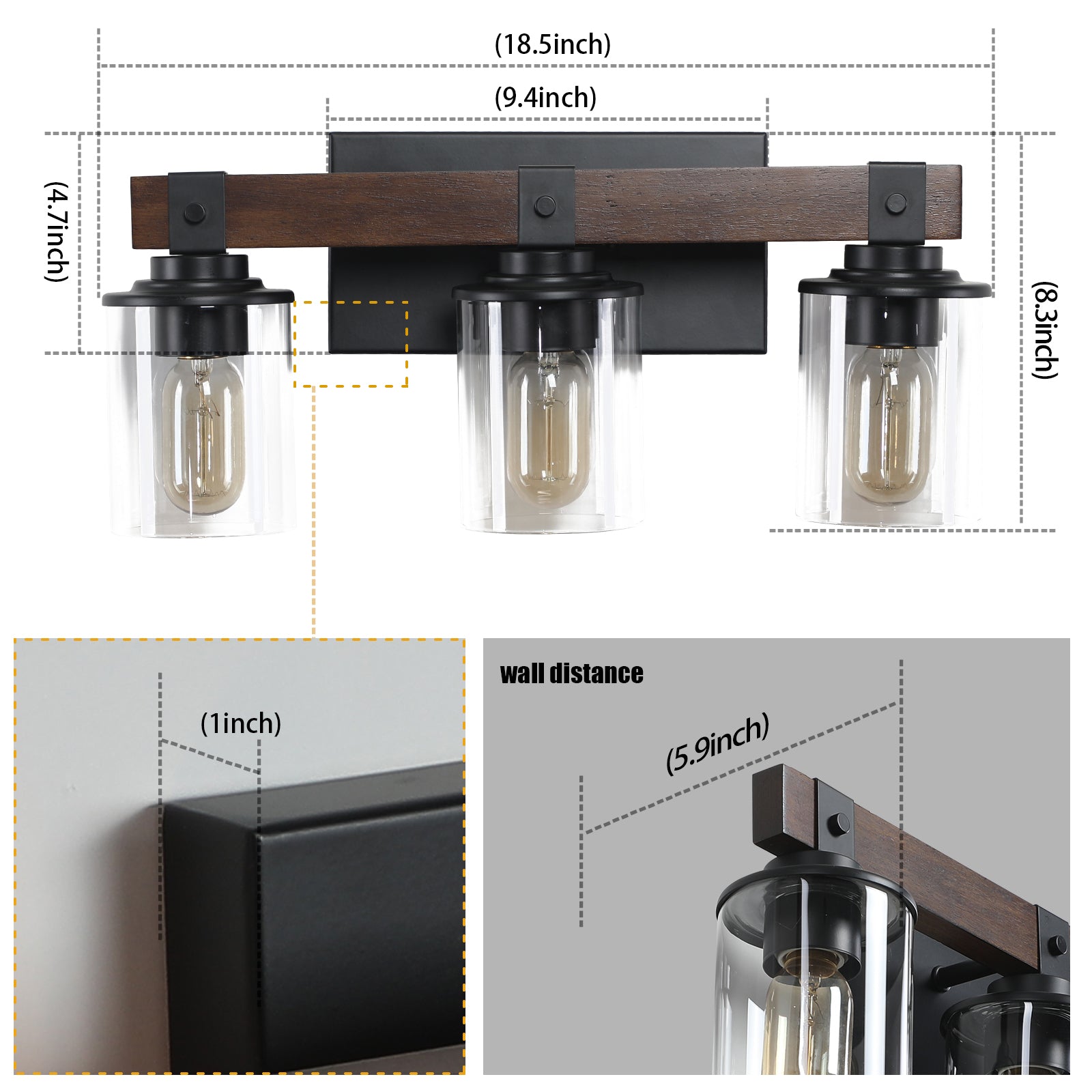 19" Rustic 3-Light Vanity Light, Industrial Bathroom Wall Sconce with Glass Shades and Wood Accent, Modern Farmhouse Lighting Fixture (No Bulbs)