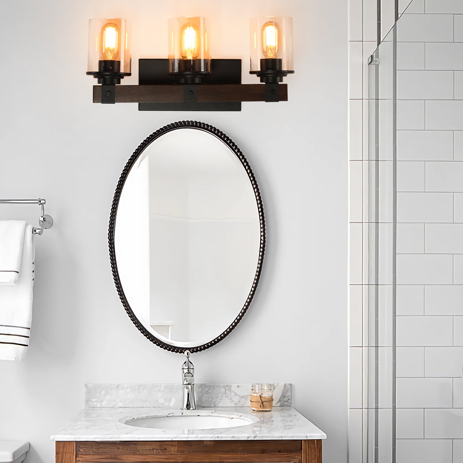 19" Rustic 3-Light Vanity Light, Industrial Bathroom Wall Sconce with Glass Shades and Wood Accent, Modern Farmhouse Lighting Fixture (No Bulbs)