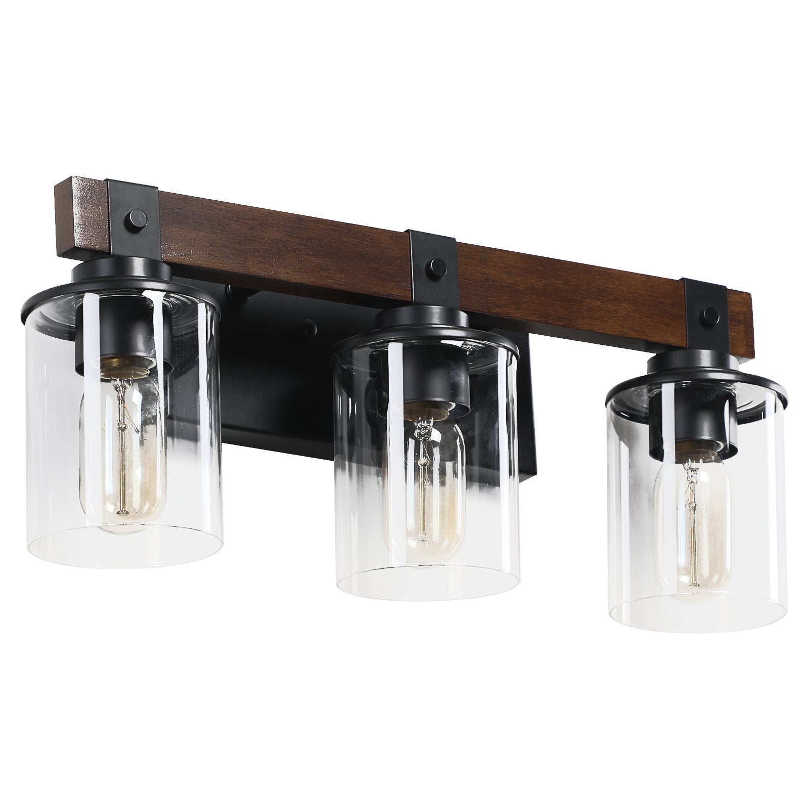 19" Rustic 3-Light Vanity Light, Industrial Bathroom Wall Sconce with Glass Shades and Wood Accent, Modern Farmhouse Lighting Fixture (No Bulbs)