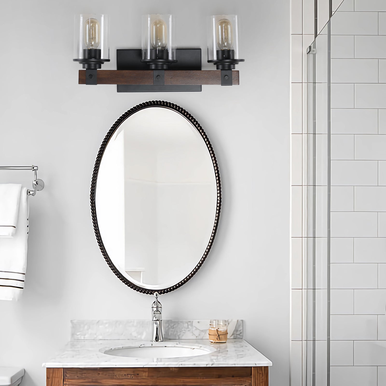 19" Rustic 3-Light Vanity Light, Industrial Bathroom Wall Sconce with Glass Shades and Wood Accent, Modern Farmhouse Lighting Fixture (No Bulbs)