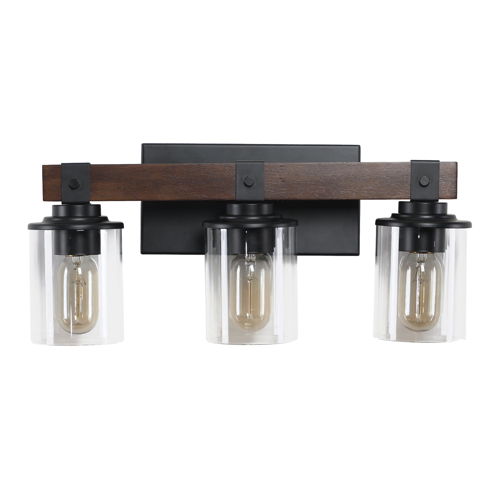19" Rustic 3-Light Vanity Light, Industrial Bathroom Wall Sconce with Glass Shades and Wood Accent, Modern Farmhouse Lighting Fixture (No Bulbs)