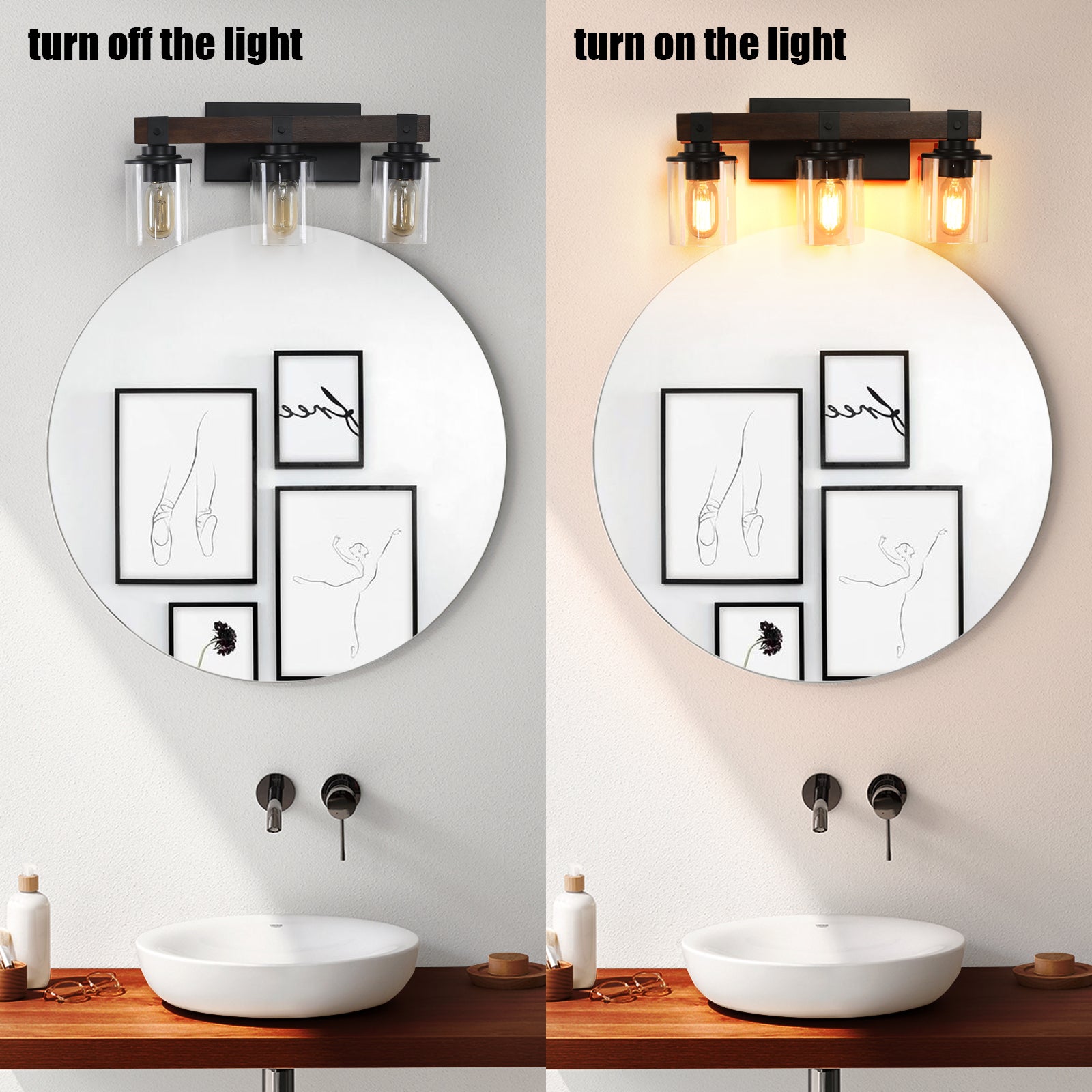 19" Rustic 3-Light Vanity Light, Industrial Bathroom Wall Sconce with Glass Shades and Wood Accent, Modern Farmhouse Lighting Fixture (No Bulbs)