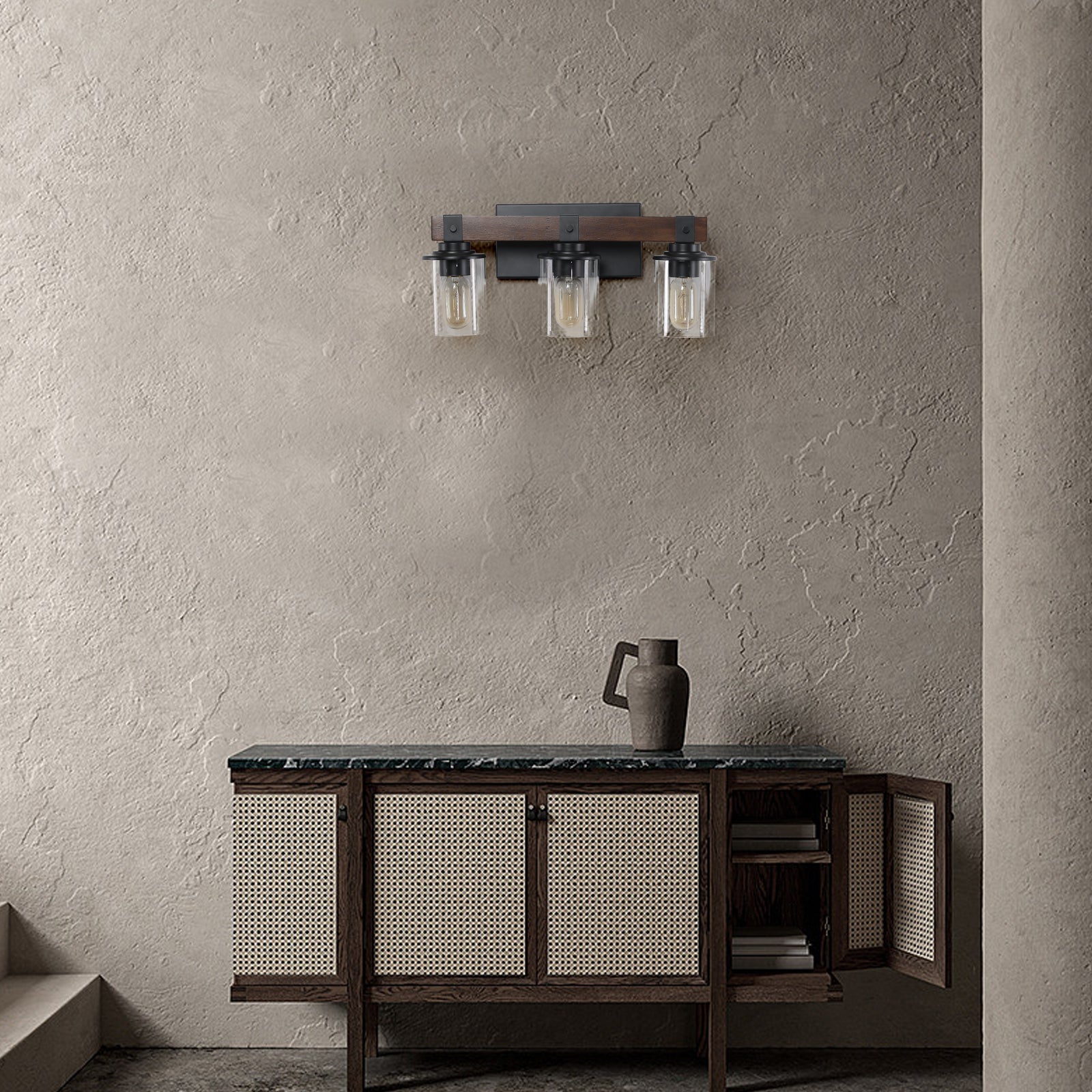 19" Rustic 3-Light Vanity Light, Industrial Bathroom Wall Sconce with Glass Shades and Wood Accent, Modern Farmhouse Lighting Fixture (No Bulbs)