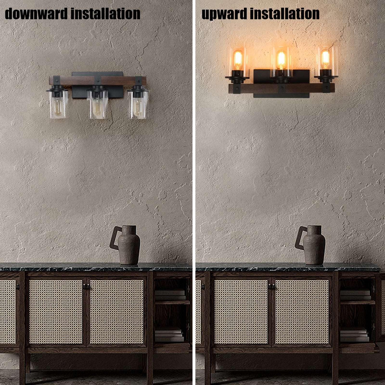 19" Rustic 3-Light Vanity Light, Industrial Bathroom Wall Sconce with Glass Shades and Wood Accent, Modern Farmhouse Lighting Fixture (No Bulbs)