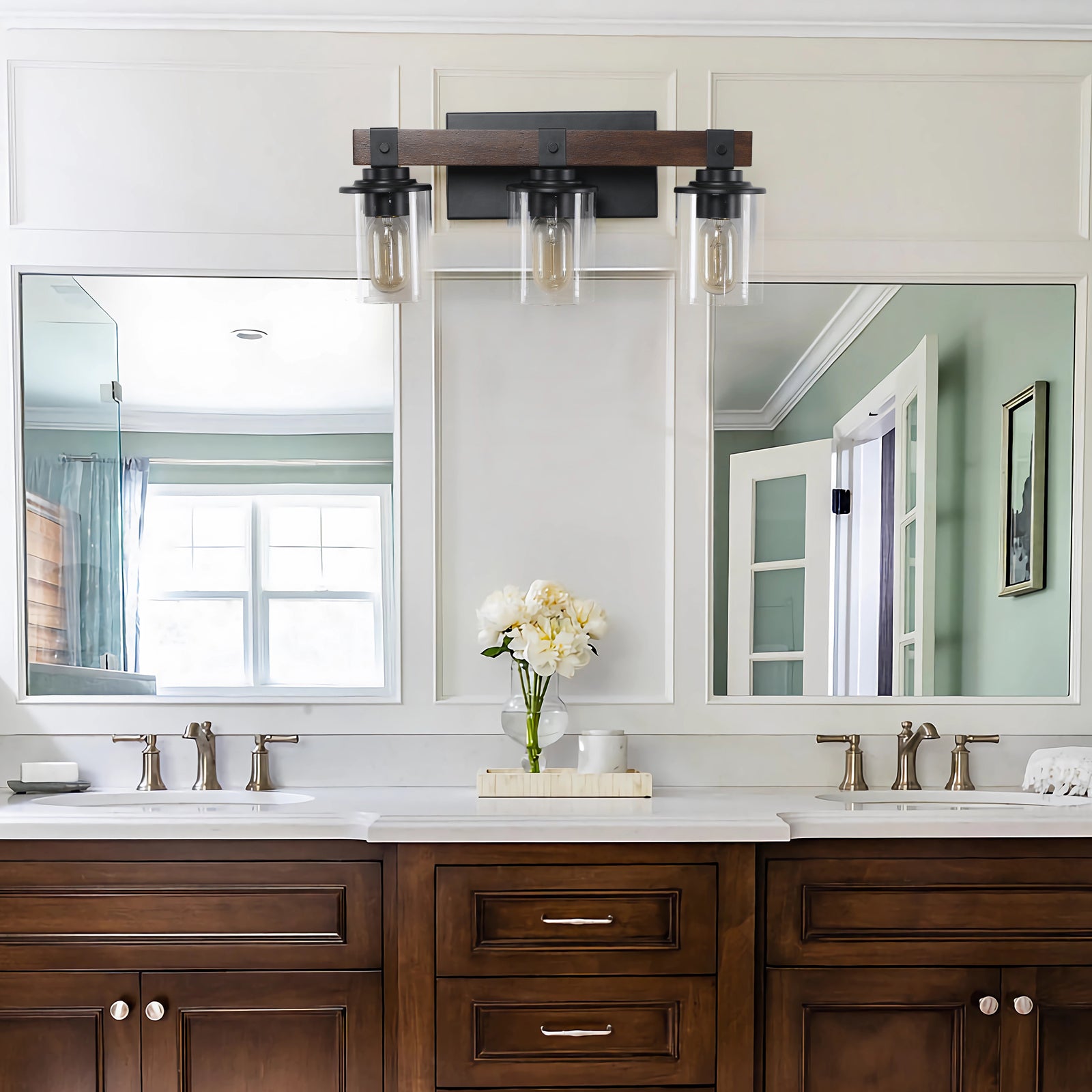 19" Rustic 3-Light Vanity Light, Industrial Bathroom Wall Sconce with Glass Shades and Wood Accent, Modern Farmhouse Lighting Fixture (No Bulbs)