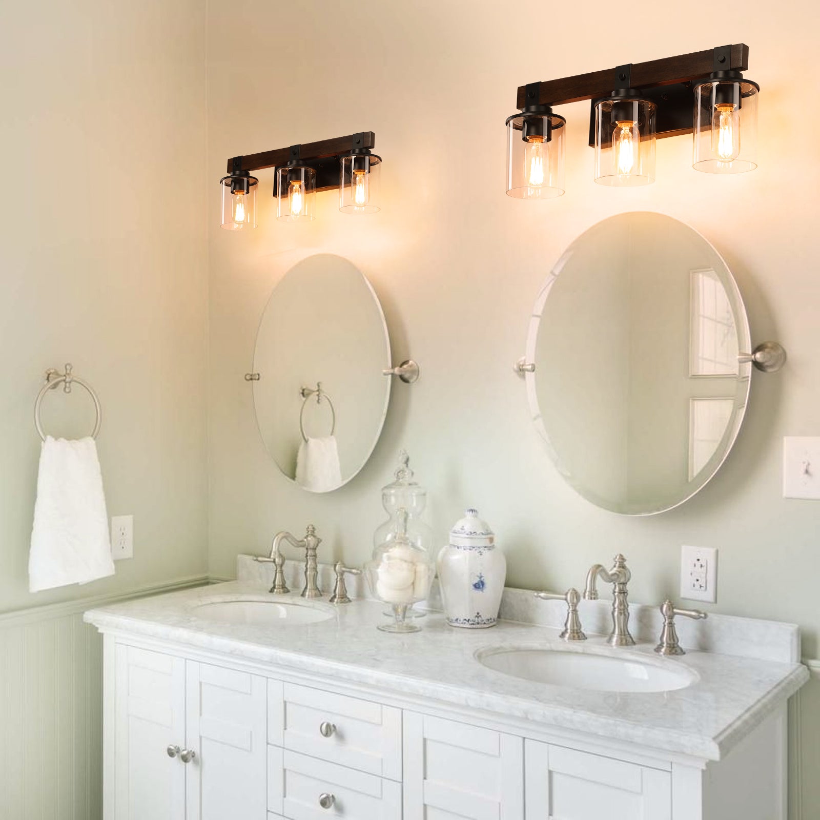 19" Rustic 3-Light Vanity Light, Industrial Bathroom Wall Sconce with Glass Shades and Wood Accent, Modern Farmhouse Lighting Fixture (No Bulbs)
