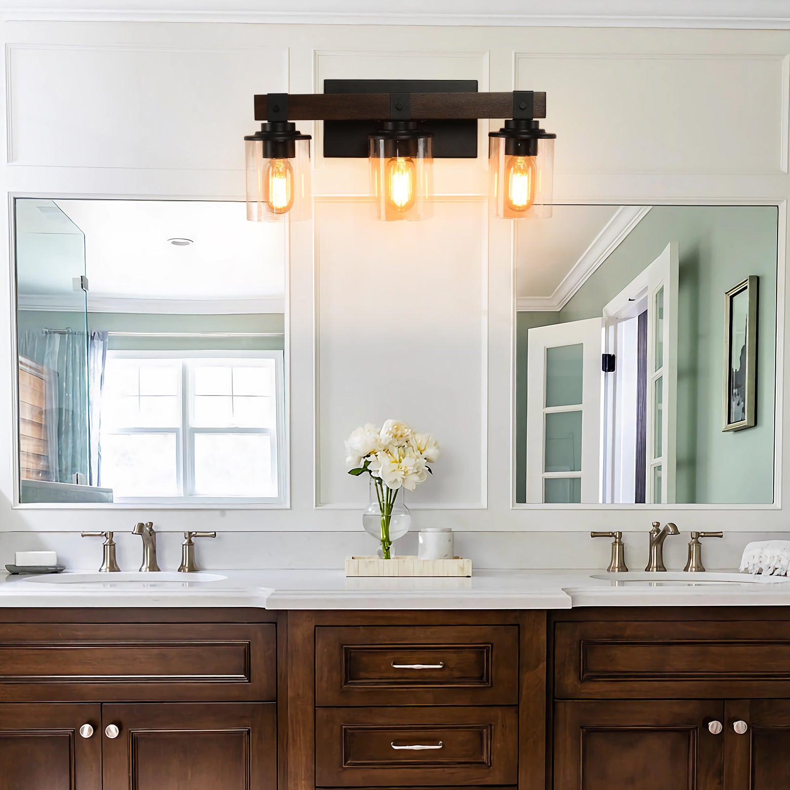 19" Rustic 3-Light Vanity Light, Industrial Bathroom Wall Sconce with Glass Shades and Wood Accent, Modern Farmhouse Lighting Fixture (No Bulbs)