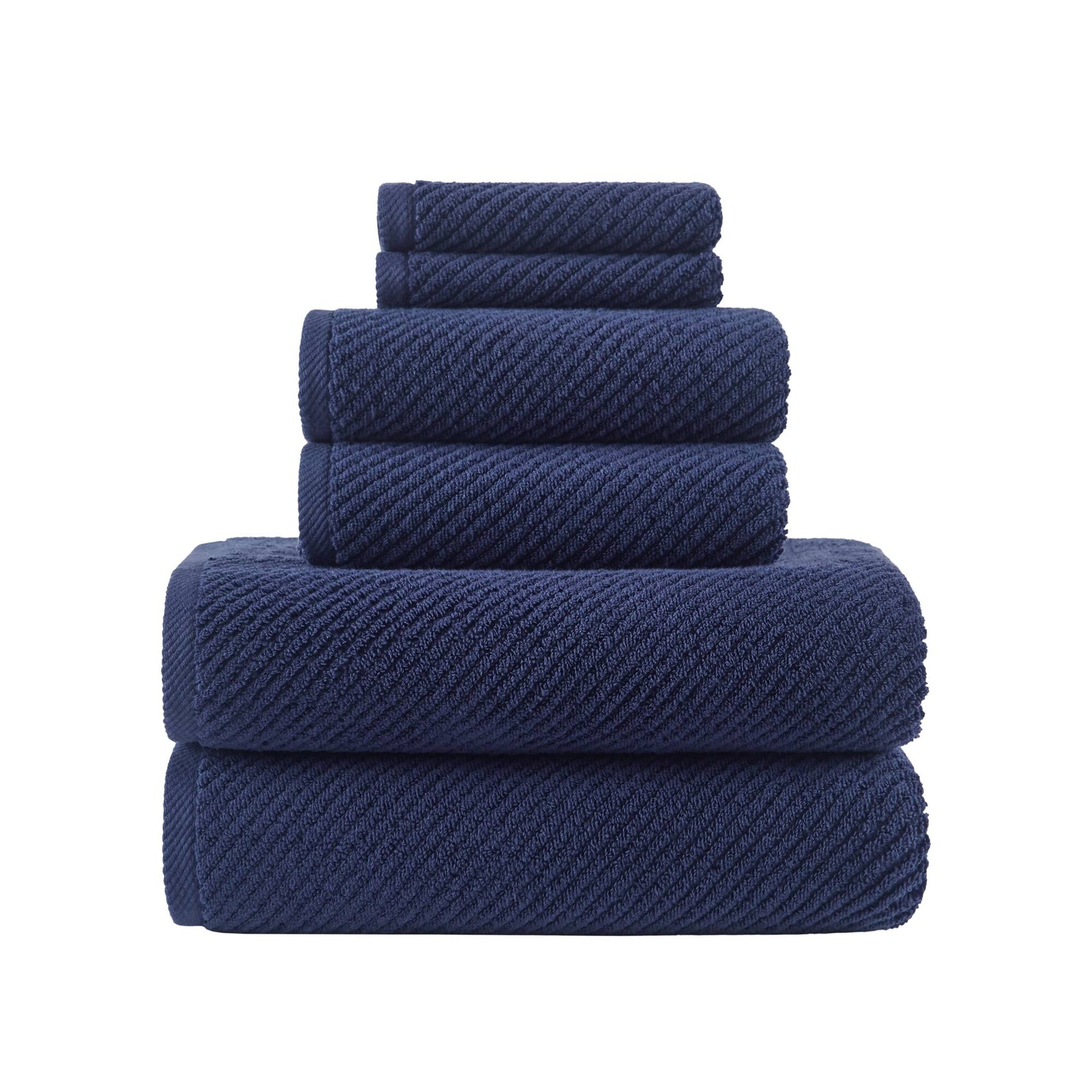 6-Piece 100% Cotton Quick Dry Diagonal Ribbed 6pcs Towel Set, Navy