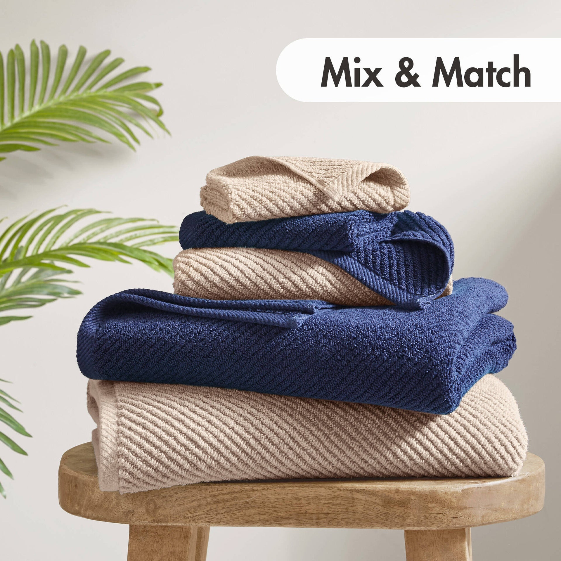 6-Piece 100% Cotton Quick Dry Diagonal Ribbed 6pcs Towel Set, Navy