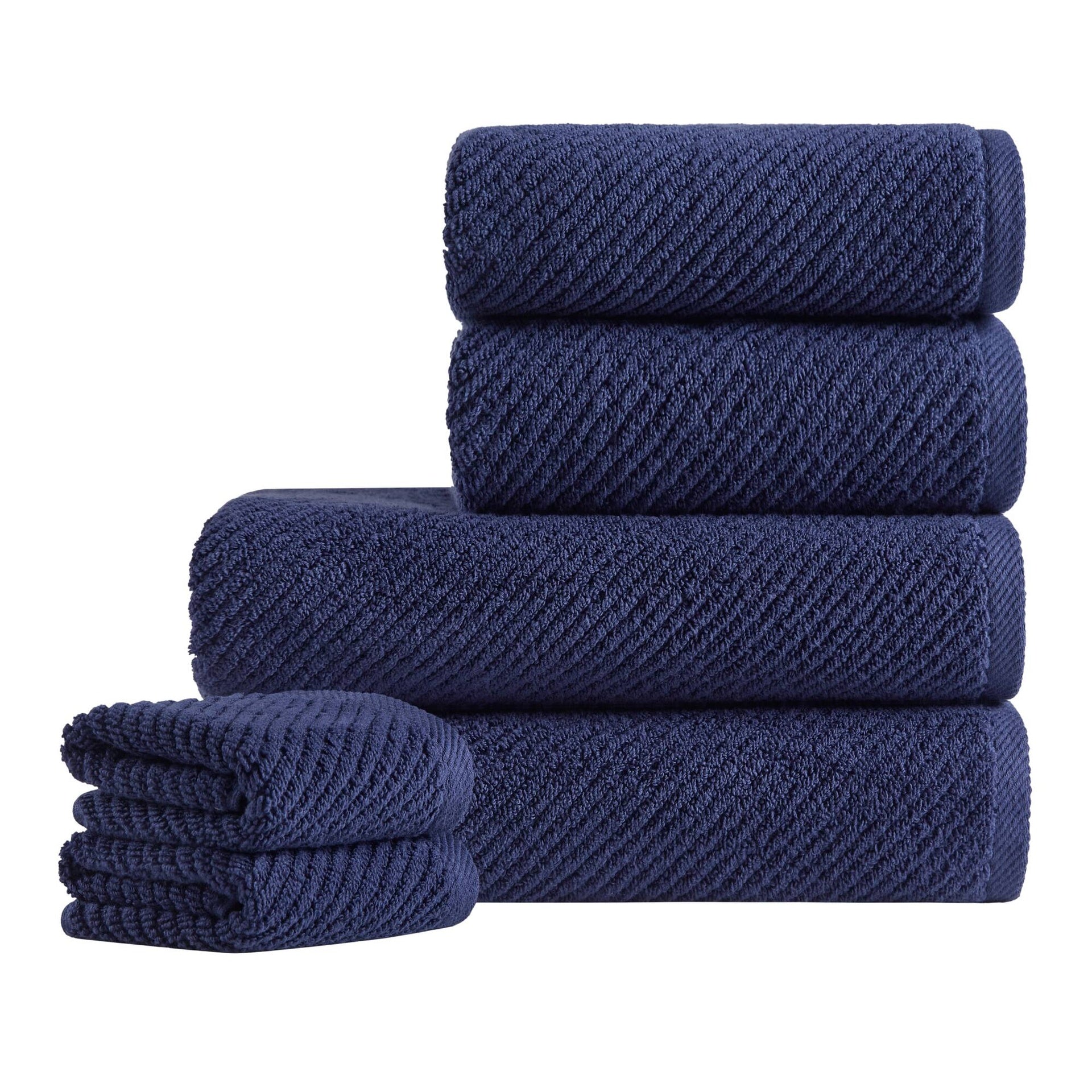 6-Piece 100% Cotton Quick Dry Diagonal Ribbed 6pcs Towel Set, Navy