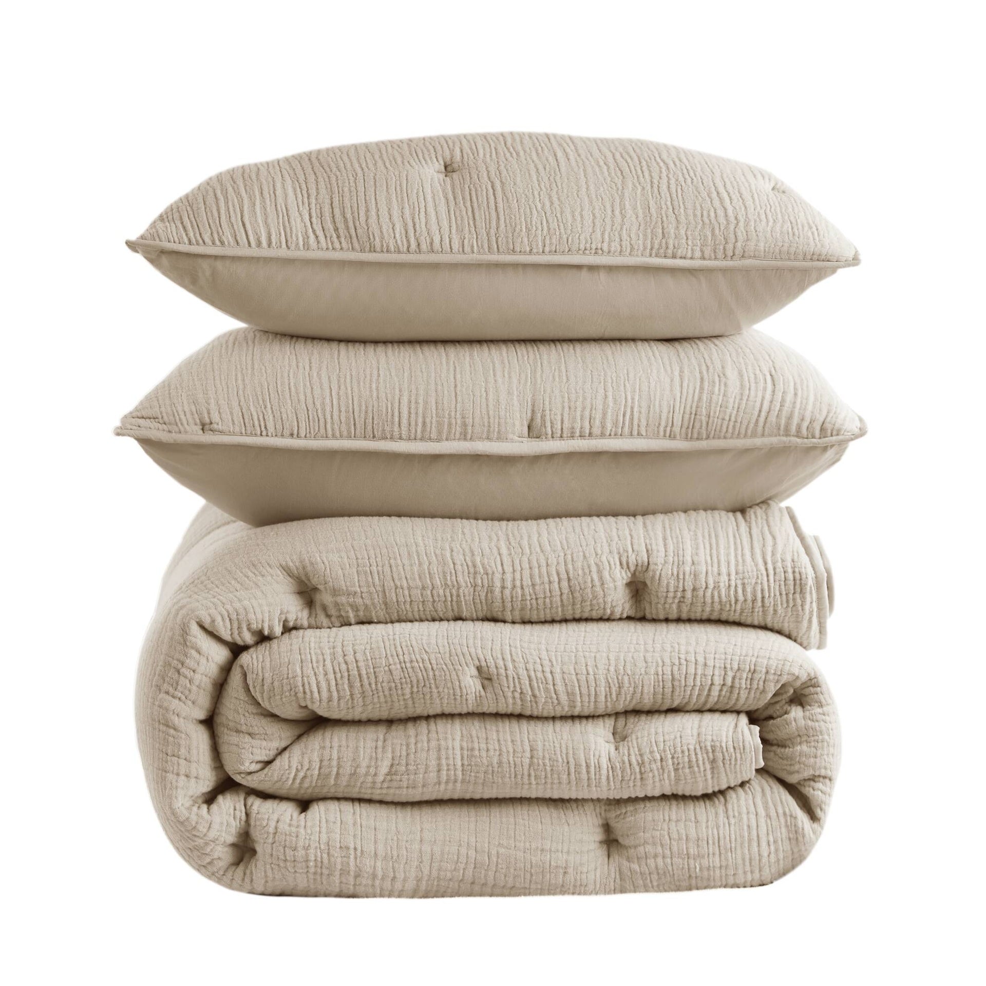 3-Piece King Cotton Gauze  Embroidered Quilt Set,Taupe