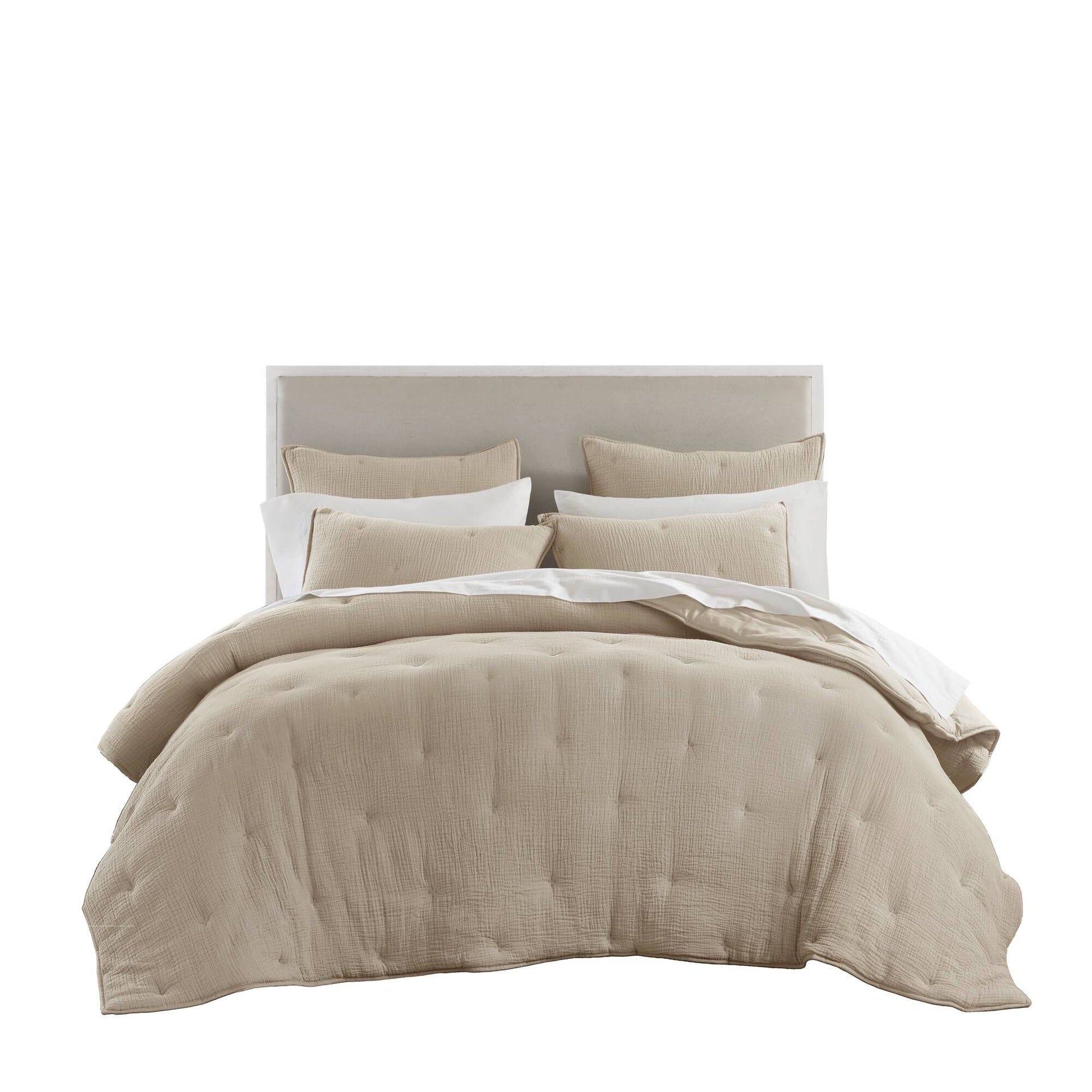 3-Piece King Cotton Gauze  Embroidered Quilt Set,Taupe