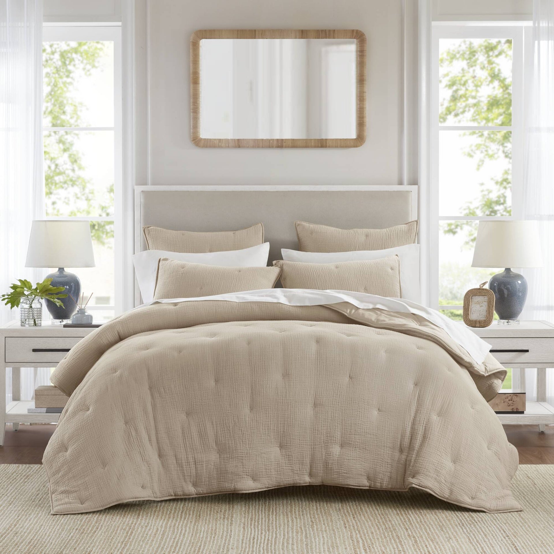 3-Piece King Cotton Gauze  Embroidered Quilt Set,Taupe