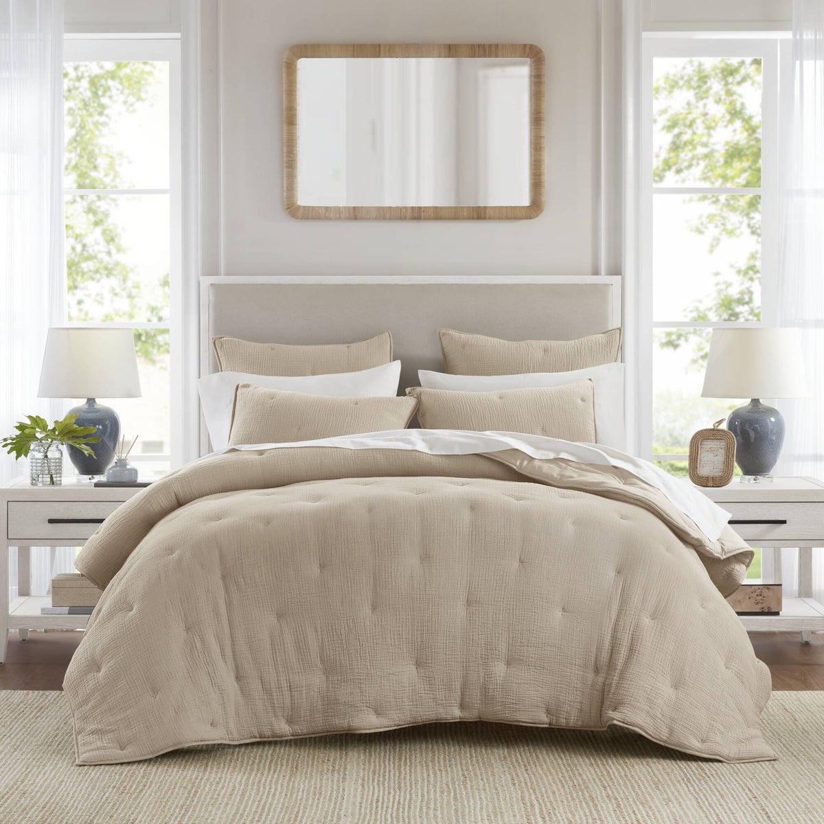 3-Piece King Cotton Gauze  Embroidered Quilt Set,Taupe