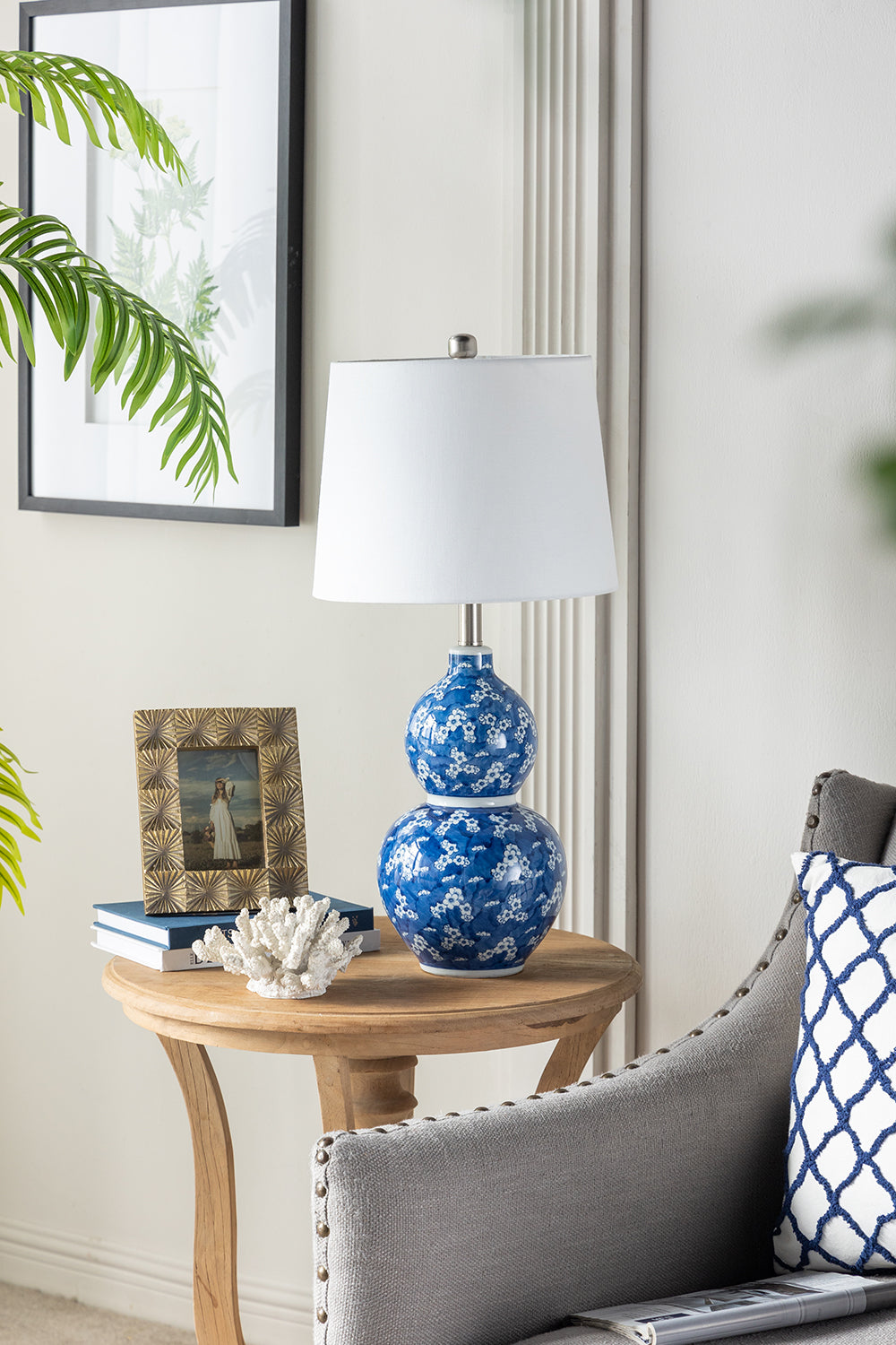D13x25.7" Blue and White Round Two-Tiered Ceramic Vase Lamp
