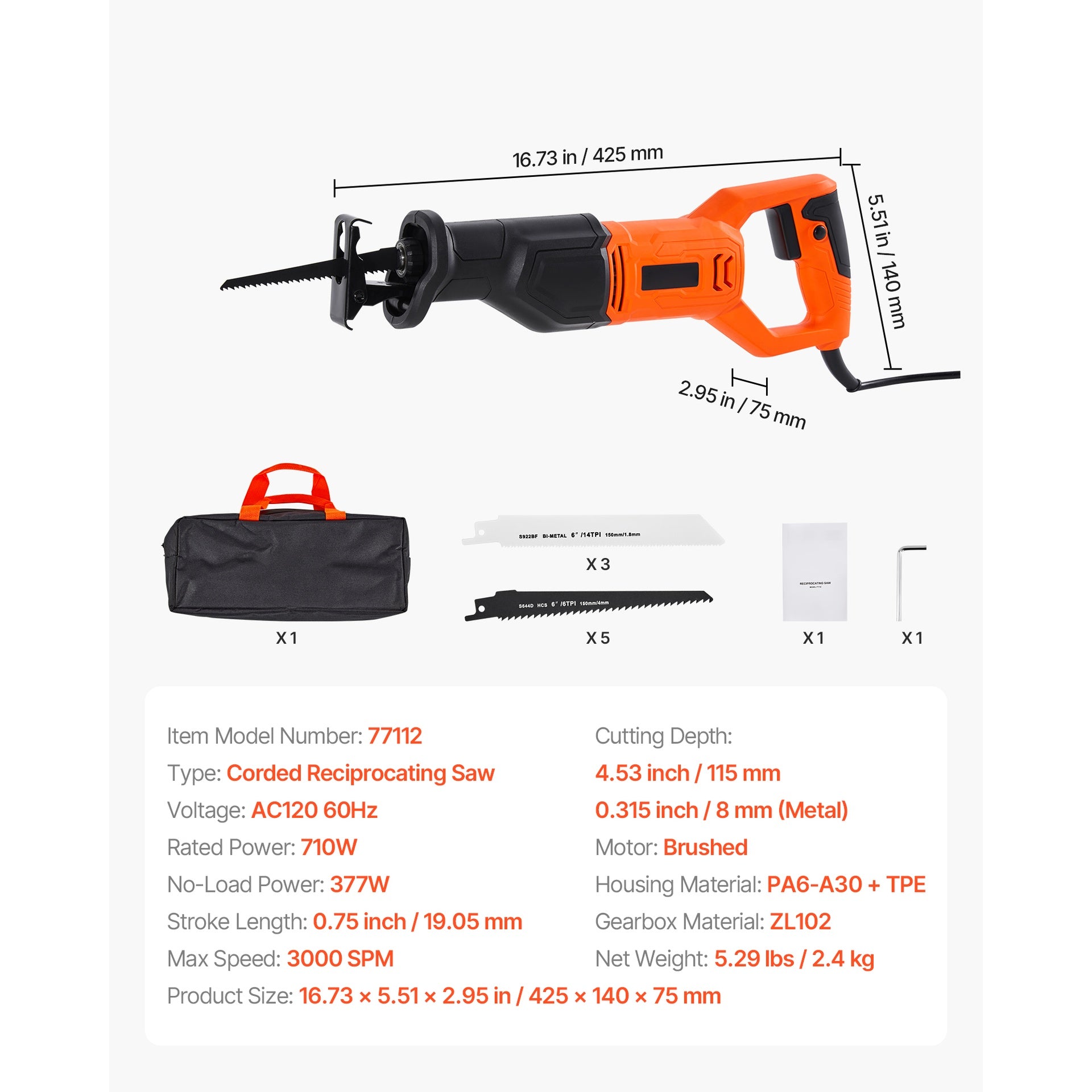 Corded Reciprocating Saw, 120 Volt 6 Amp, 3000 SPM Variable Speed, 3/4 inch Stroke Length, Electric Reciprocating Saw with 8 Blades and Carrying Bag, for Wood, Metal, and Plastic Cutting